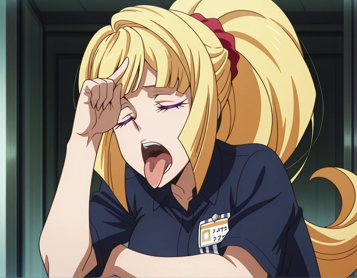 masterpiece, best quality, amazing quality,, <lora:kudelia-aina-bernstein-anime-illustriousxl-lora-nochekaiser:1>, kudelia aina bernstein, long hair, blonde hair, bangs, blunt bangs, ponytail, scrunchie, red scrunchie, hair scrunchie, mature female, medium breasts, anime screencap, <lora:alden-richards-tongue-out-meme-illustriousxl-lora-nochekaiser:1>, alden richards tongue out meme, solo, open mouth, shirt, sitting, upper body, short sleeves, teeth, collared shirt, tongue, indoors, tongue out, uniform, blue shirt, parody, meme, name tag, employee uniform, closed eyes, hand up, index finger raised, hand on own forehead, arm rest, looking at viewer,, , ,