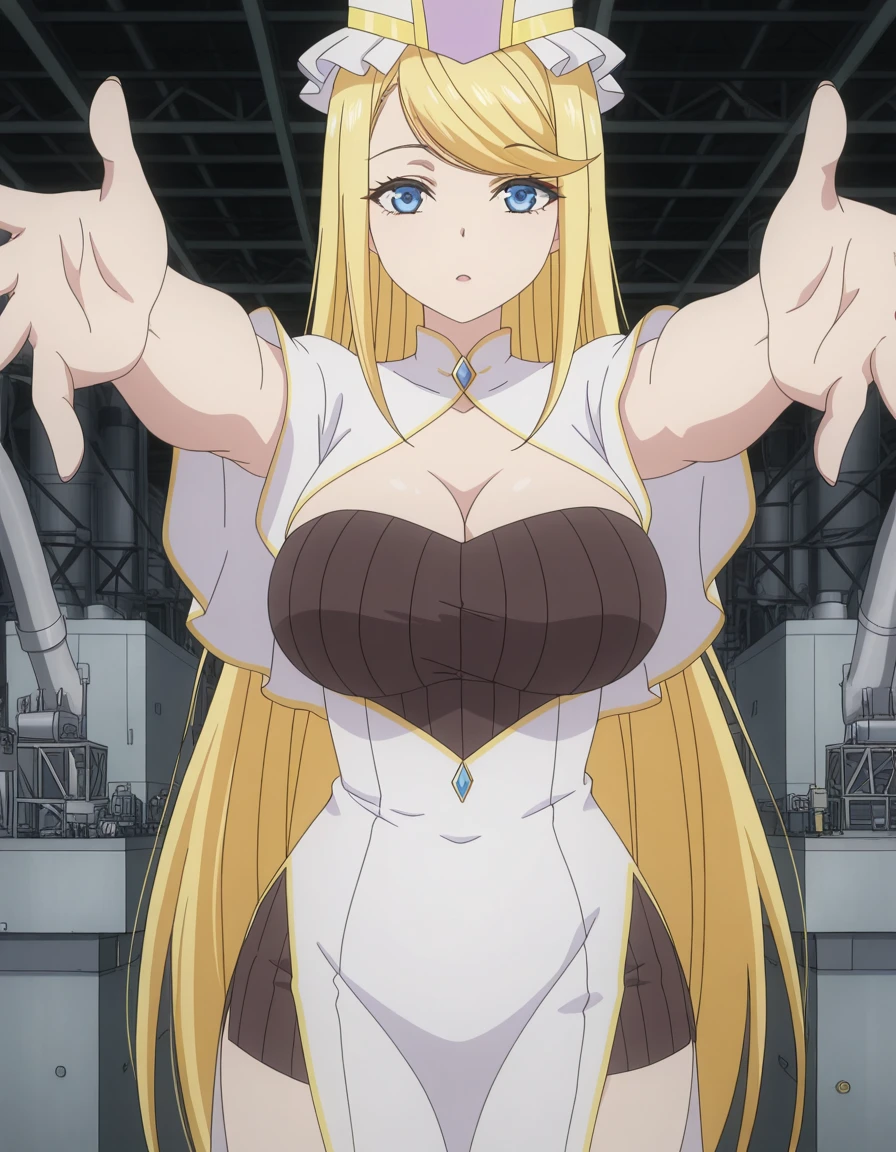 masterpiece, best quality, amazing quality,, <lora:yanderedarkelf-cecile-s1-illustriousxl-lora-nochekaiser:1>, yanderedarkelf cecile, long hair, blue eyes, blonde hair, very long hair, swept bangs, mature female, breasts, anime screencap, dress, hat, cleavage, white dress, pelvic curtain,, on back, arm support, arms up, incoming hug, pov, reaching, reaching towards viewer,, industrial, machinery, metal, large, factory, cowboy shot, solo, looking at viewer,