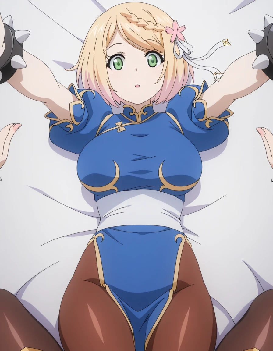 masterpiece, best quality, amazing quality,, <lora:sakura-mochida-s1-illustriousxl-lora-nochekaiser:1>, sakura mochida, short hair, blonde hair, hair ornament, green eyes, pink hair, braid, multicolored hair, hair flower, mature female, breasts, anime screencap, <lora:chun-li-cosplay-illustriousxl-lora-nochekaiser:1>, chun-li cosplay, chun-li (cosplay), blue dress, bracelet, brown pantyhose, china dress, chinese clothes, dress, gold trim, jewelry, pantyhose, pelvic curtain, puffy sleeves, sash, short sleeves, side slit, spiked bracelet, spikes,, on back, arm support, arms up, incoming hug, pov, reaching, reaching towards viewer,, ,