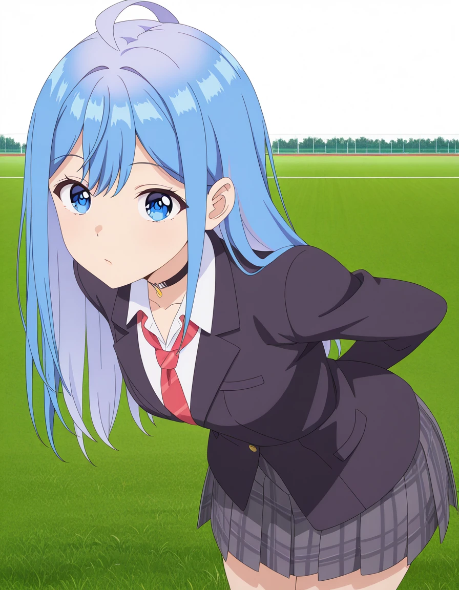 masterpiece, best quality, amazing quality,, <lora:himari-inuzuka-s1-illustriousxl-lora-nochekaiser:1>, himari inuzuka, long hair, blue eyes, blue hair, ahoge, mature female, small breasts, anime screencap, shirt, skirt, long sleeves, jacket, white shirt, pleated skirt, necktie, collared shirt, choker, black jacket, plaid, black choker, plaid skirt, blazer, red necktie, grey skirt, hands behind back, bent over,, soccer field, grass, goal, players, sport, cowboy shot, solo, looking at viewer, <lora:transparent-background-illustriousxl-lora-nochekaiser:1>, transparent background, simple background, white background