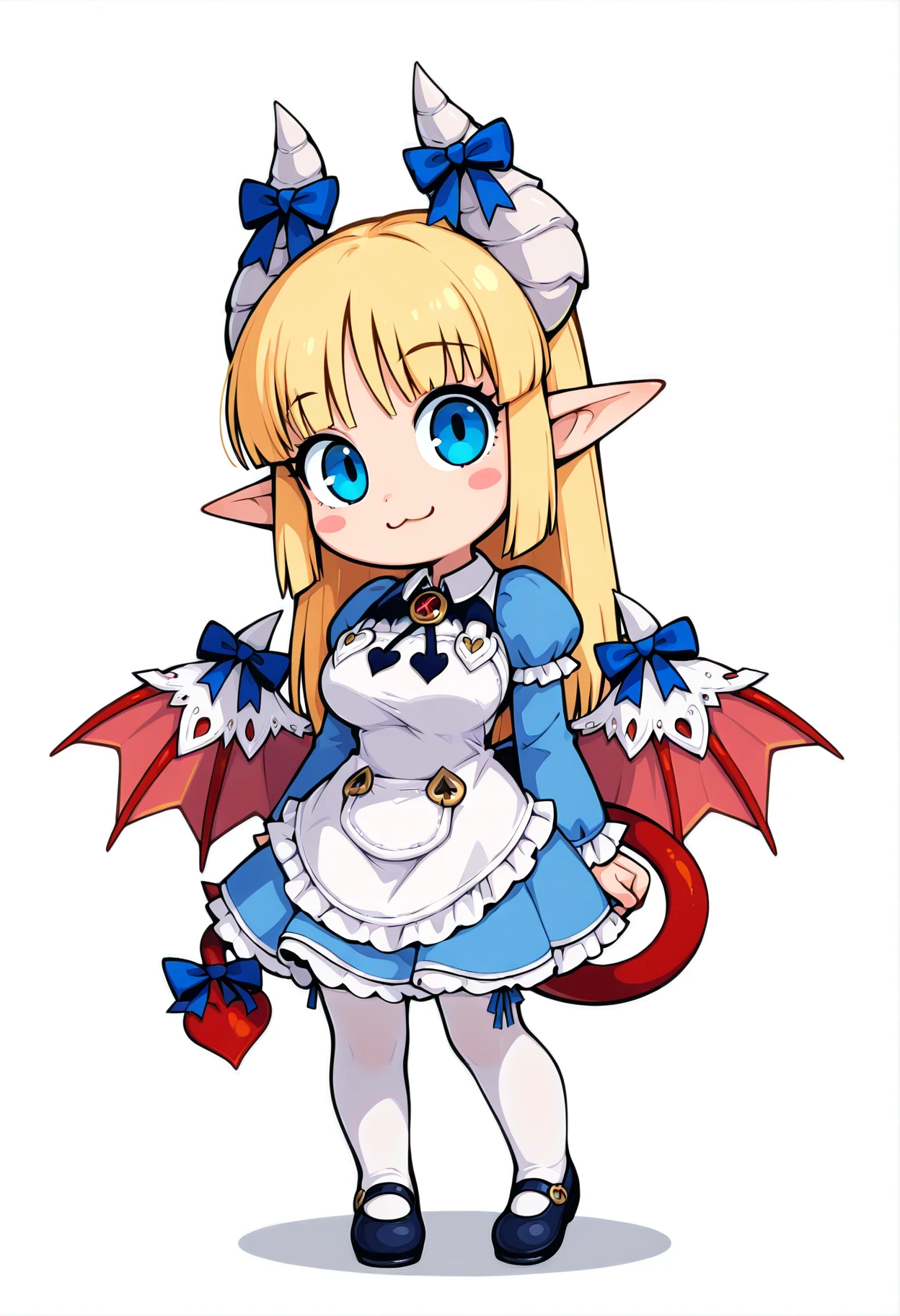 masterpiece, best quality, highres, chibi, toon \(style\), 1girl, solo, alicemge, pointy ears, blonde hair, white horns, horn bow, tail bow, demon tail, sharp tail, red tail, wing bow, frills, tail, blue eyes, long hair, innocent, demon tail, tail ornament, bangs, demon wings, blush stickers, demon girl, blue dress, ribbon, bow, tail ribbon, apron, demon horns, detailed background, wonderland,  heart, spade, hair bow, large breasts, bat bowtie, bangs, sidelocks, looking at viewer, :3, full body, white background, white thighighs, mary janes,
<lora:Alice-000007:1>