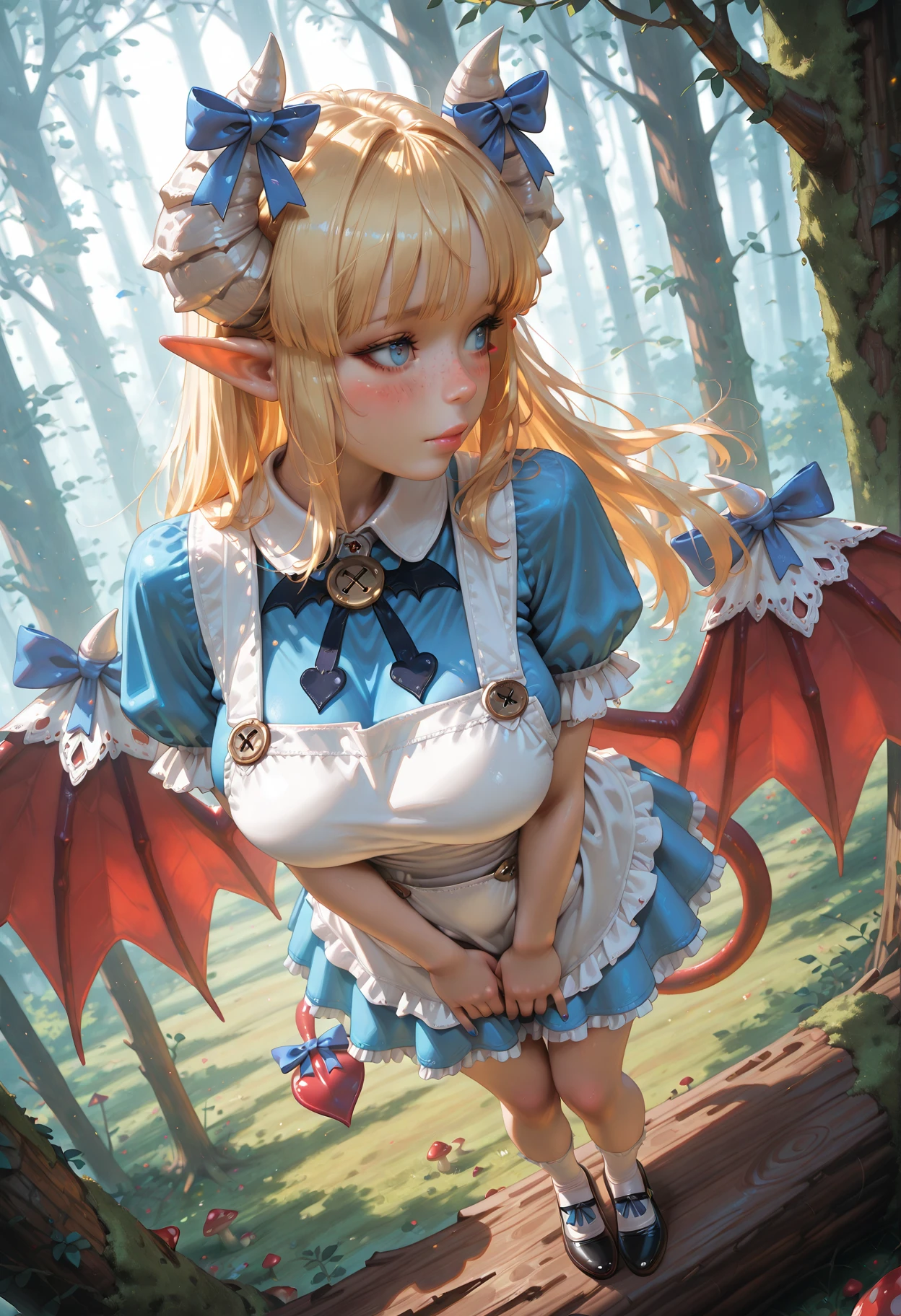 masterpiece, high quality, best quality, highres, 8k, 1girl, solo, alicemge, pointy ears, blonde hair, white horns, horn bow, tail bow, demon tail, sharp tail, red tail, wing bow, frills, tail, blue eyes, long hair, innocent, blush demon tail, tail ornament, bangs, demon wings, blush, demon girl, blue dress, looking away, black shoes, ribbon, bow, tail ribbon, apron, demon horns, detailed background, wonderland,  heart, spade (shape), hair bow, large breasts, bat bowtie, bangs, sidelocks, from above, hand, blue nails,
 freckles,  face focus, blush stickers, depth of field, trees, particles, mushrooms, rainbow, succubus,  close-up, enchanted, dynamic angle, dynamic pose, foreshortening, perspective, log, moss,  freckles,
realistic, cinematic, dramatic lighting, newest, absurdres, highres, very aesthetic, high resolution, ultra high definition, extremely high detail, perfect composition, realistic, detailed drawing, subsurface scattering, neorealist, 
<lora:Dramatic Lighting Slider:1.6>, <lora:StS-Illustrious-Detail-Slider-v1.0:3> <lora:ponyv4_noob1_2_adamW:0.5> <lora:NeoRealist-000004:0.8>,  <lora:Alice-000007:1>