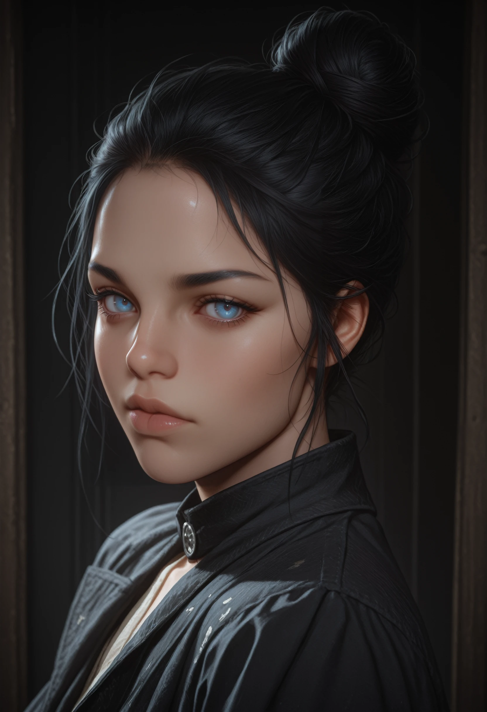 masterpiece, best quality, absurdres, highres, extremely high detail,
<lora:ILRDR2Abigail:1.0>
RDR2Abigail, 1girl, black hair, blue eyes, hair bun, looking at viewer, portrait
