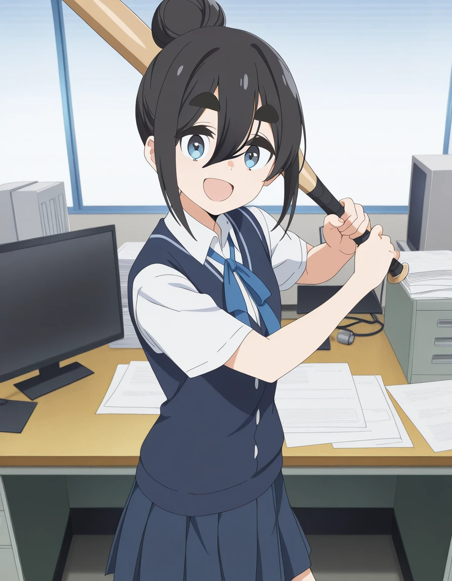 masterpiece, best quality, amazing quality,, <lora:satsuki-amamiya-s1-illustriousxl-lora-nochekaiser:1>, satsuki amamiya, short hair, blue eyes, black hair, hair between eyes, hair bun, thick eyebrows, single hair bun, anime screencap, shirt, ribbon, white shirt, collared shirt, vest, blue skirt, pleated skirt, blue vest, white shirt, collared shirt, <lora:batting-stance-illustriousxl-lora-nochekaiser:1>, batting stance, looking at viewer, smile, open mouth, baseball bat, holding baseball bat, office, desks, chairs, computers, paperwork, cowboy shot, solo, looking at viewer,