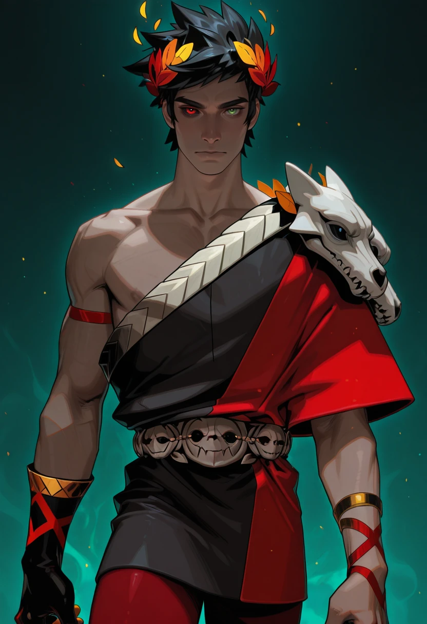 masterpiece, very aesthetic, best quality, absurdres, newest, solo,
<lora:ILHZagreus:1>
HZagreus, 1boy, male focus, short hair, black hair, black sclera, heterochromia, green eyes, red eyes, laurel crown, looking at viewer, cowboy shot
