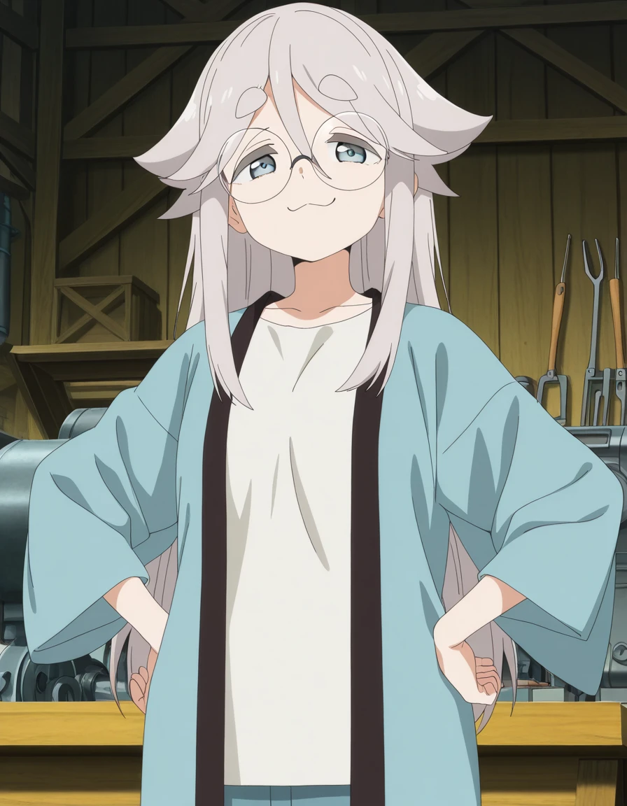 masterpiece, best quality, amazing quality,, <lora:haruno-akiyama-s1-illustriousxl-lora-nochekaiser:1>, haruno akiyama, long hair, blue eyes, hair between eyes, grey hair, sidelocks, glasses, thick eyebrows, round eyewear, mature female, small breasts, anime screencap, haori, japanese clothes, shirt, white shirt,, smug, hands on own hip,, workshop, tools, workbench, projects, machinery, cowboy shot, solo, looking at viewer,