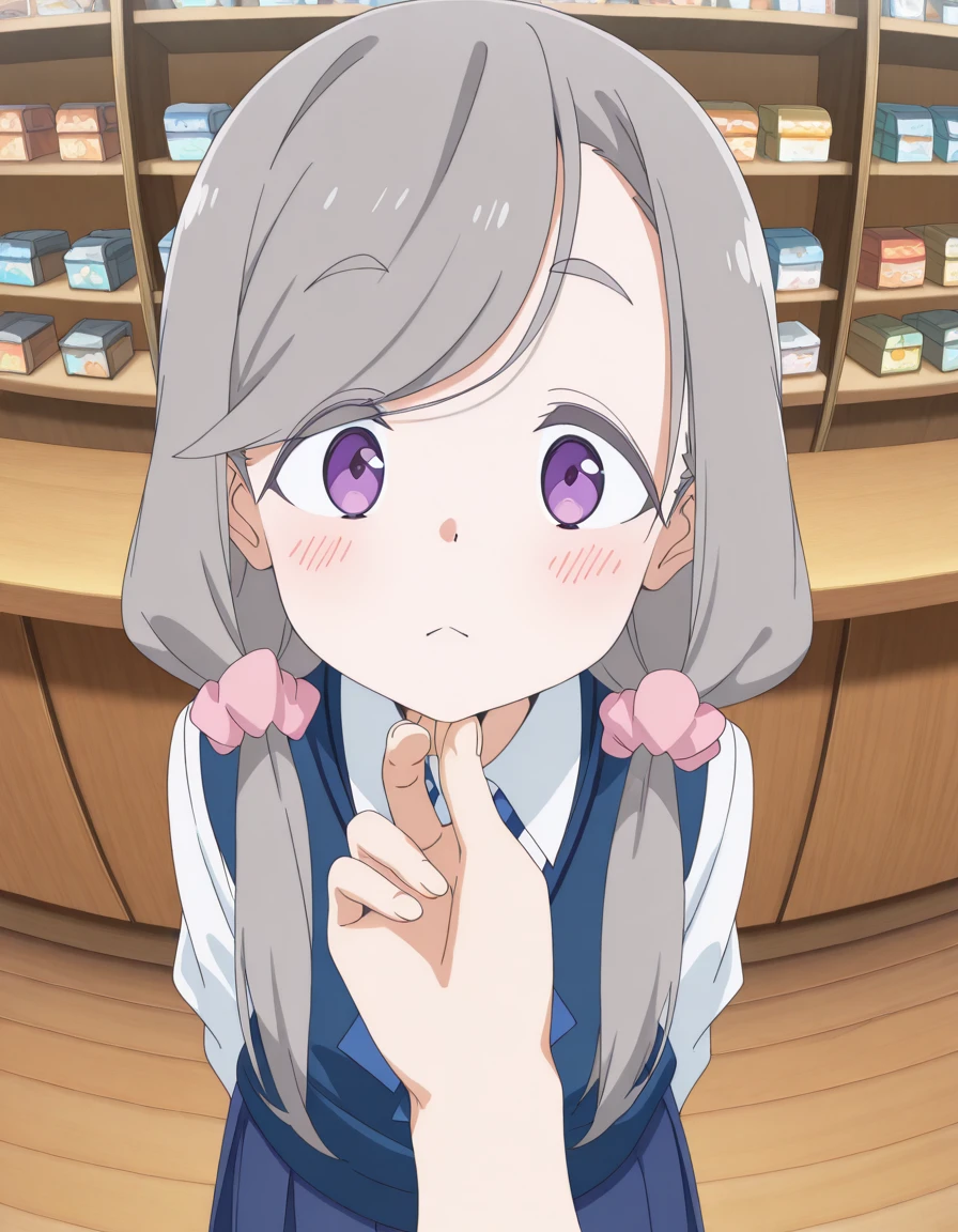 masterpiece, best quality, amazing quality,, <lora:sakurako-shikishima-s1-illustriousxl-lora-nochekaiser:1>, sakurako shikishima, long hair, hair ornament, twintails, purple eyes, swept bangs, grey hair, low twintails, thick eyebrows, scrunchie, hair scrunchie, pink scrunchie, anime screencap, shirt, ribbon, white shirt, collared shirt, vest, blue skirt, pleated skirt, blue vest, white shirt, collared shirt, <lora:stroking-anothers-chin-pov-illustriousxl-lora-nochekaiser:1>, stroking another's chin pov, stronking another's chin, pov, pov hands, blush,, shop, items, counter, customer, shelves, cowboy shot, solo, looking at viewer, <lora:transparent-background-illustriousxl-lora-nochekaiser:1>, transparent background, simple background, white background