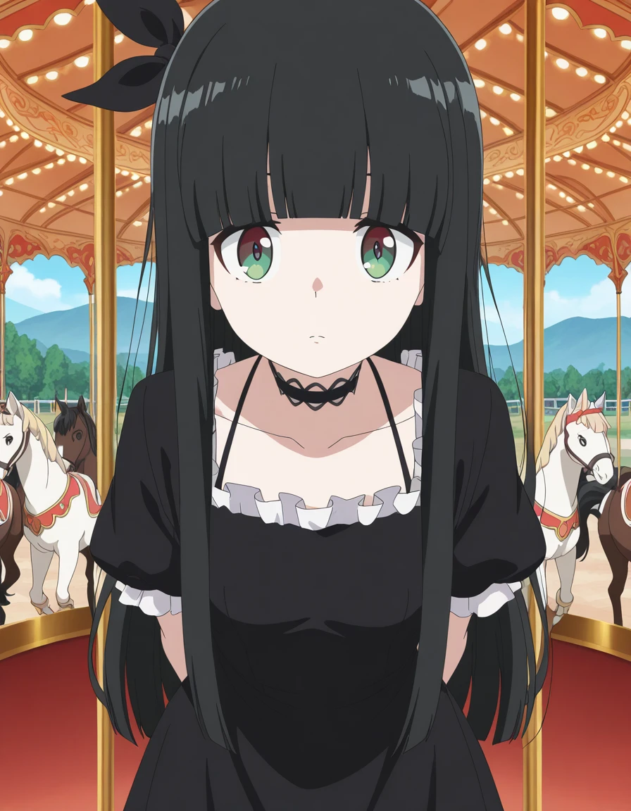 masterpiece, best quality, amazing quality,, <lora:torayo-kurokuma-s1-illustriousxl-lora-nochekaiser:1>, torayo kurokuma, long hair, black hair, red eyes, green eyes, bow, ribbon, sidelocks, hair bow, black bow, blunt bangs, anime screencap, dress, collarbone, frills, choker, black dress, black choker,, hands behind back, bent over,, carousel, horses, ride, music, fun, cowboy shot, solo, looking at viewer,