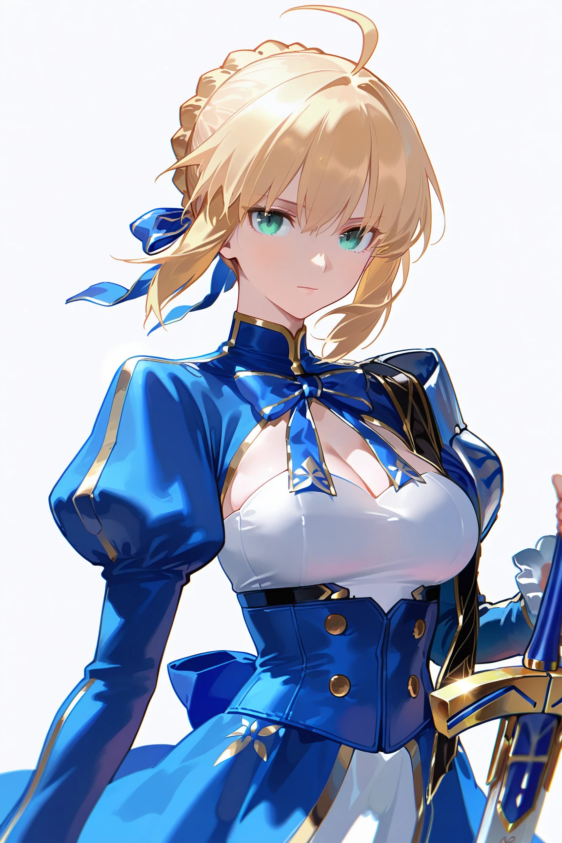 <lora:c_saber (honkai star rail) (fate)_ilv1.0_xl:1>saber \(honkai star rail\) \(fate\), 1girl, solo, ahoge, weapon, sword, excalibur \(fate/stay night\), dress, blue ribbon, white background, , ribbon, long sleeves, braid, hair bun, puffy sleeves, blue dress, looking at viewer, simple background, hair ribbon, juliet sleeves, cleavage, bow, closed mouth, braided bun, blue bow, , masterpiece,best quality,