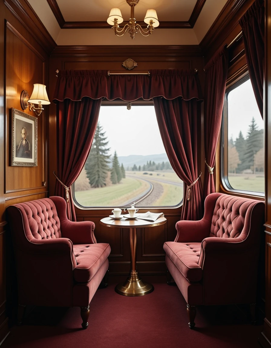 A luxurious private cabin inside the historic Orient Express train. The interior is adorned with rich mahogany wood paneling, deep burgundy velvet drapes, and ornate brass light fixtures that emit a warm, golden glow. A pair of plush upholstered seats face each other beside a small polished table, which holds a porcelain teacup and a folded newspaper. The large window frames a motion-blurred European landscape, giving a sense of movement and timeless travel. The atmosphere is elegant, quiet, and cinematicâevoking 1930s sophistication and vintage luxury. No luggage, no people, ultra-detailed, high resolution, soft ambient lighting, realistic textures, sharp focus, concept art style, interior shot only
,luxurious private c4b1n, <lora:luxurious_private_c4b1n-i:1>, Masterpiece,best quality,hi res,8k,hi res,8k,award winning,(sharp focus, intricate, highly detailed),