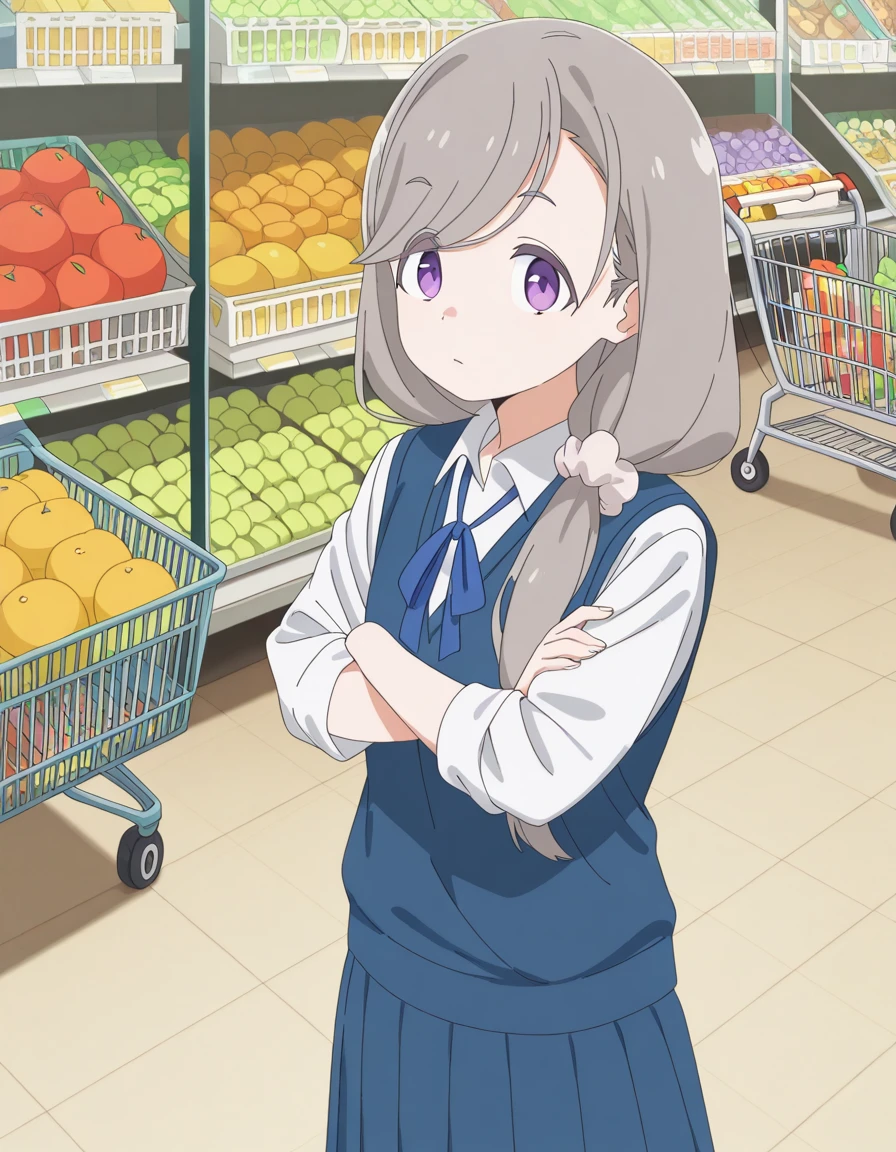 masterpiece, best quality, amazing quality,, <lora:sakurako-shikishima-s1-illustriousxl-lora-nochekaiser:1>, sakurako shikishima, long hair, hair ornament, purple eyes, grey hair, swept bangs, scrunchie, hair over shoulder, hair scrunchie, anime screencap, shirt, ribbon, white shirt, collared shirt, vest, blue skirt, pleated skirt, blue vest, white shirt, collared shirt, <lora:kung-fu-illustriousxl-lora-nochekaiser:1>, kung fu, martial arts, training, fighting stance, cowboy shot, crossed arms, grocery store, shopping cart, picking fruits, everyday life, cowboy shot, solo, looking at viewer,