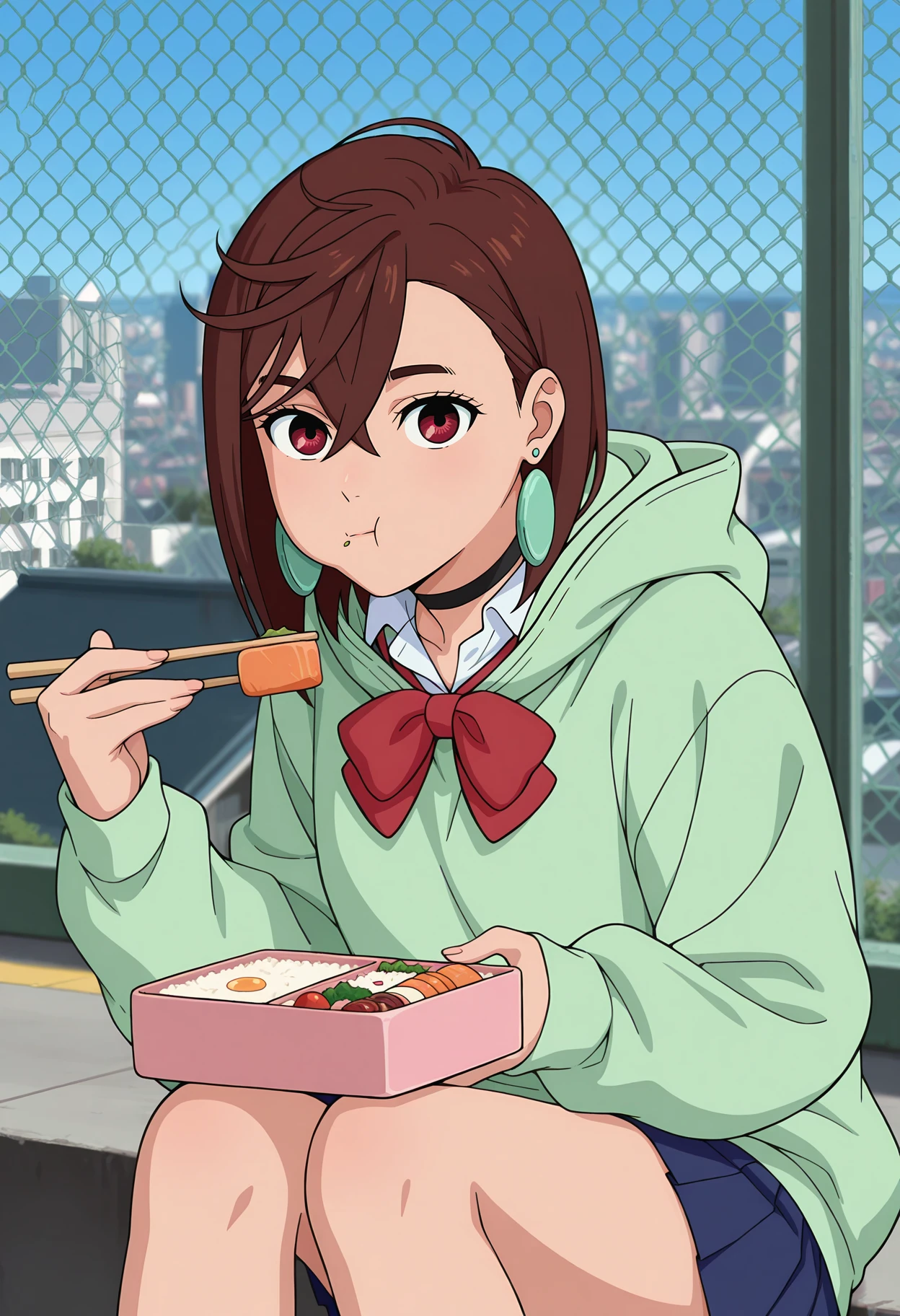 anime screencap, masterpiece, best quality,
<lora:Dandadan_AyaseMomo_IlluXL:0.9>,
1girl, solo, chewing,
asymmetrical bangs, hair between eyes, medium hair, brown hair, red eyes, earrings,
MomoSchool, black choker, green hoodie, red bowtie, collared shirt, white shirt, pleated skirt, miniskirt, blue skirt,
holding chopsticks, bento,
sitting, knees up, looking at viewer, cowboy shot,
rooftop, chain-link fence, cityscape, day, photo background, blurry background