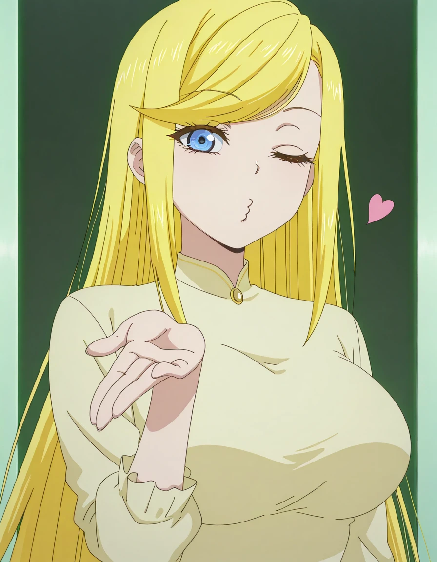 masterpiece, best quality, amazing quality,, <lora:yanderedarkelf-cecile-s1-illustriousxl-lora-nochekaiser:1>, yanderedarkelf cecile, long hair, blue eyes, blonde hair, very long hair, swept bangs, mature female, breasts, anime screencap, <lora:blowing-kiss-illustriousxl-lora-nochekaiser:1>, blowing kiss, pucked lips, heart, one eye closed, o3o, looking at viewer, hand up, ,