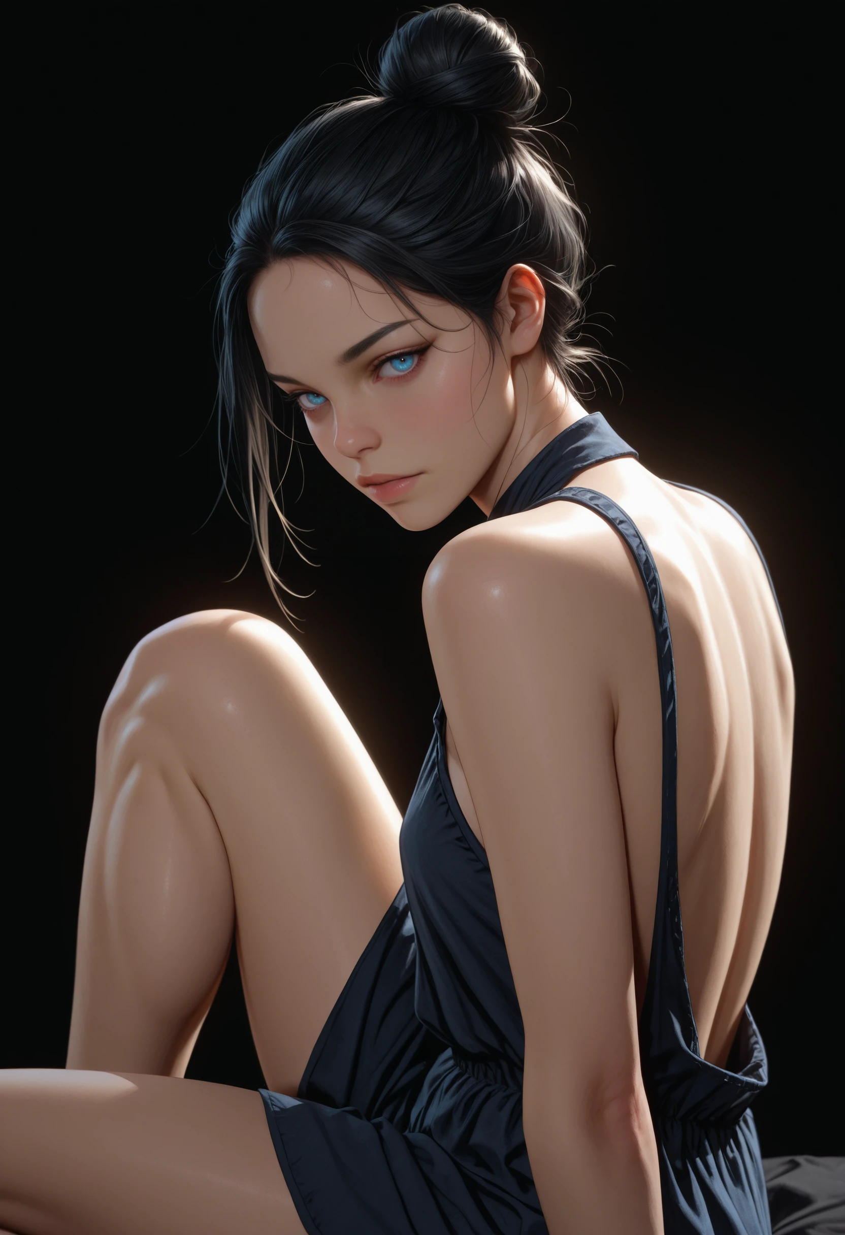 masterpiece, very aesthetic, best quality, absurdres, newest,
<<lora:ILRDR2Abigail:1.0>
RDR2Abigail, 1girl, black hair, blue eyes, hair bun, looking at viewer,
sitting, from the side, back lighting, knee up, black background