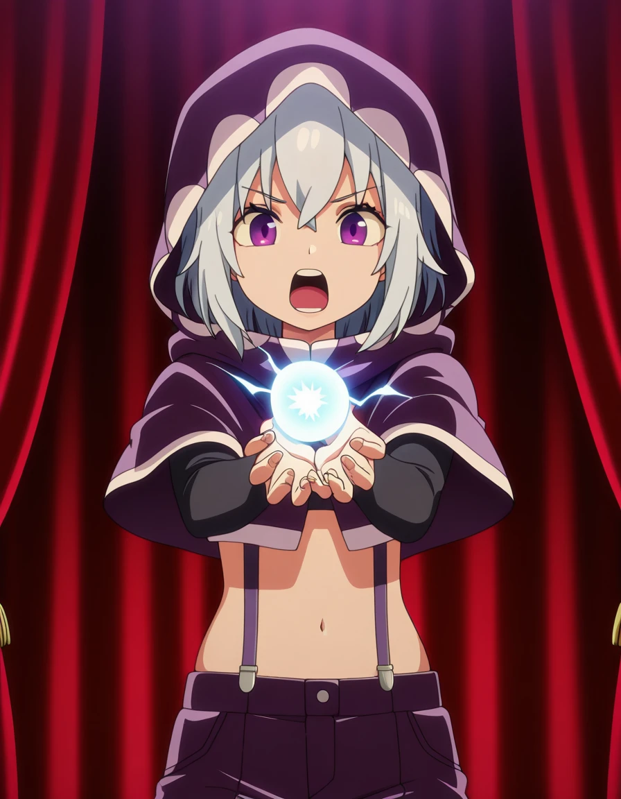masterpiece, best quality, amazing quality,, <lora:tisse-garland-s1-illustriousxl-lora-nochekaiser:1>, tisse garland, short hair, bangs, purple eyes, grey hair, anime screencap, navel, midriff, hood, crop top, capelet, suspenders, cloak, hood up, hooded cloak,, <lora:kamehameha-illustriousxl-lora-nochekaiser:1>, kamehameha, kamehameha (dragon ball), open mouth, outstrecthed arms, torn clothes, shouting, energy, energy beam, energy ball, electricity,, stage, curtains, spotlight, audience, microphone, cowboy shot, solo, looking at viewer,