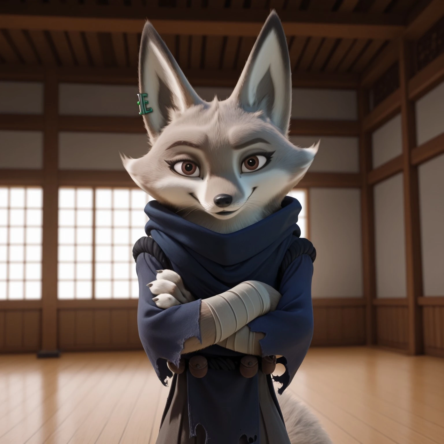 uncensored, masterpiece, best quality, highly detailed, realistic, 1girl, solo, ZhenKFP, furry female, anthro, fox, green ear piercing, cheek tuft, brown eyebrows, brown eyes, black pupils, black nose, whiskers, grey body, grey fur, white body, white fur, two tone body, two tone fur, fluffy tail, blue tunic, grey bandages, torn clothes, grey trousers, baggy trousers, black utility belt, upper body, standing, smile, closed mouth, looking at viewer, indoors, dojo, detailed background, front view, arms crossed, 4 fingers, black claws, black lips