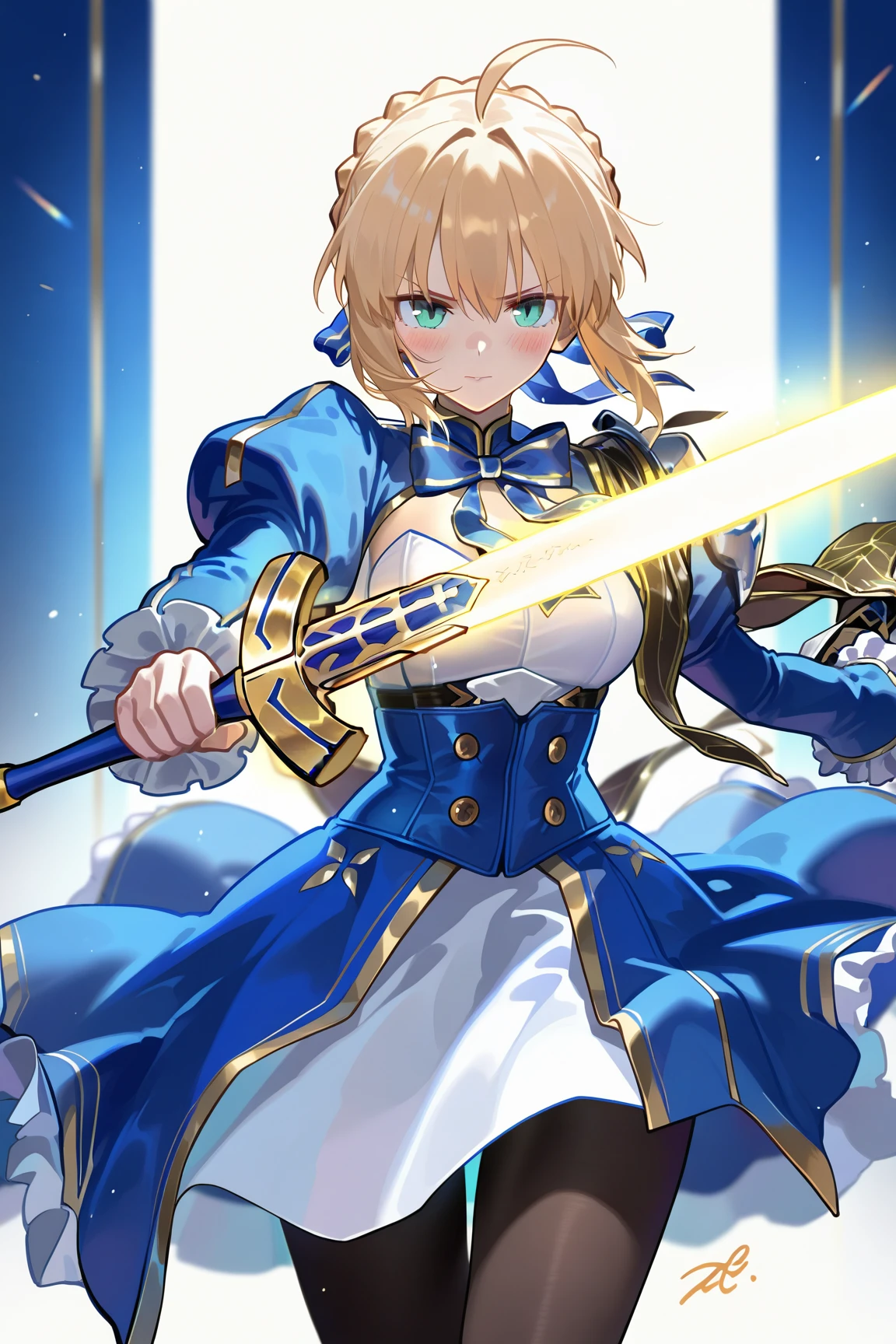 <lora:c_saber (honkai star rail) (fate)_ilv1.0_xl:1>saber \(honkai star rail\) \(fate\), 1girl, weapon, ahoge, solo, sword, juliet sleeves, excalibur \(fate/stay night\), dress, pantyhose, braid, long sleeves, puffy sleeves, holding, looking at viewer, glowing weapon, holding weapon, glowing sword, ribbon, , holding sword, signature, blue dress, french braid, blush, masterpiece,best quality,