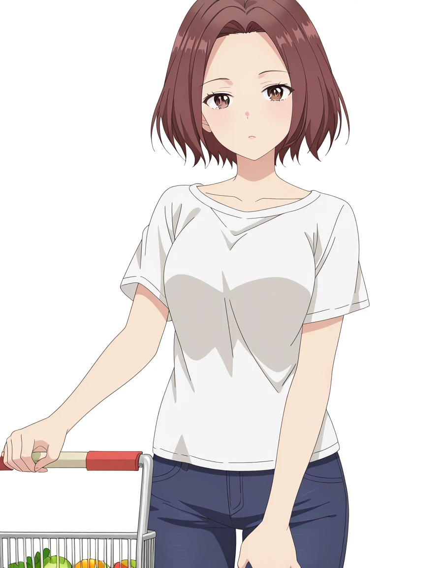 masterpiece, best quality, amazing quality,, <lora:sakura-natsume-s1-illustriousxl-lora-nochekaiser:1>, sakura natsume, short hair, brown hair, brown eyes, mature female, medium breasts, anime screencap, shirt, collarbone, white shirt, short sleeves, pants, t-shirt, jeans, blue pants, hands on own knees, grocery store, shopping cart, picking fruits, everyday life, cowboy shot, solo, looking at viewer, <lora:transparent-background-illustriousxl-lora-nochekaiser:1>, transparent background, simple background, white background