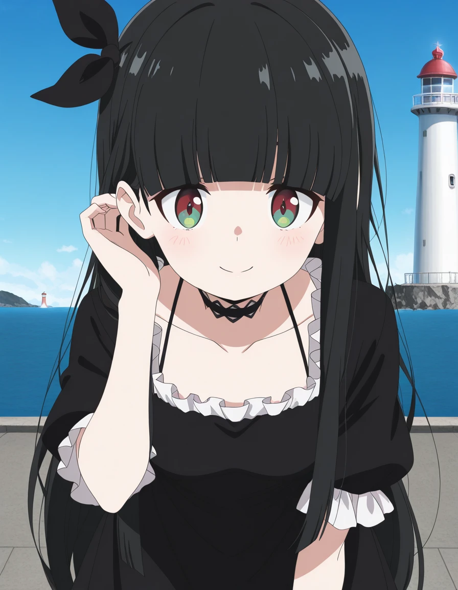 masterpiece, best quality, amazing quality,, <lora:torayo-kurokuma-s1-illustriousxl-lora-nochekaiser:1>, torayo kurokuma, long hair, black hair, red eyes, green eyes, bow, ribbon, sidelocks, hair bow, black bow, blunt bangs, anime screencap, dress, collarbone, frills, choker, black dress, black choker,, <lora:tucking-hair-illustriousxl-lora-nochekaiser:1>, tucking hair, adjusting hair, hand on own hair, hair behind ear, smile, bent over, leaning forward, blush, hand up,, lighthouse, light, sea, tall, guidance, cowboy shot, solo, looking at viewer,