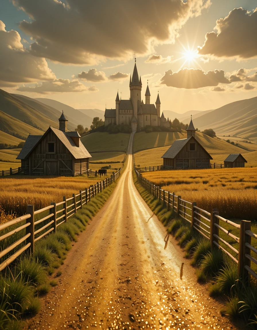 A golden road shimmering under the sunlight, winding gently through peaceful farmland on both sides. The fields are lush and green, dotted with rustic wooden barns, grazing animals, and old stone wells. Crops sway in the breeze, and fences made of weathered wood line the road. In the distance, at the end of the golden path, rises a majestic castle with tall towers and gleaming spires, nestled against rolling hills. The sky is bright and partly cloudy, casting soft shadows on the landscape, creating a dreamlike fairytale atmosphere,
 ultra-detailed, wide-angle view, cinematic lighting, high fantasy setting, 4k resolution, sharp textures, photorealistic style, no humans, enchanted countryside ambiance, golden hues glinting in the light, whimsical and serene mood,golden r04d, <lora:golden_r04d-i:1>, Masterpiece,best quality,hi res,8k,hi res,8k,award winning,(sharp focus, intricate, highly detailed),
