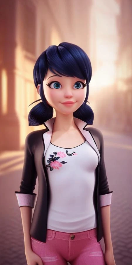 super detailed, unbuttoned jacket, white T-shirt, pink jeans, bright bluebell eyes, shoulder-length black hair with blue reflections tied back in pigtails, light pink lips, body like in real life, large pores, fair skin, slender, very little very flat breasts, unreal engine, octane render, droped shadow, bokeh, cinematic lighting, Marinette Dupen-Cheng
