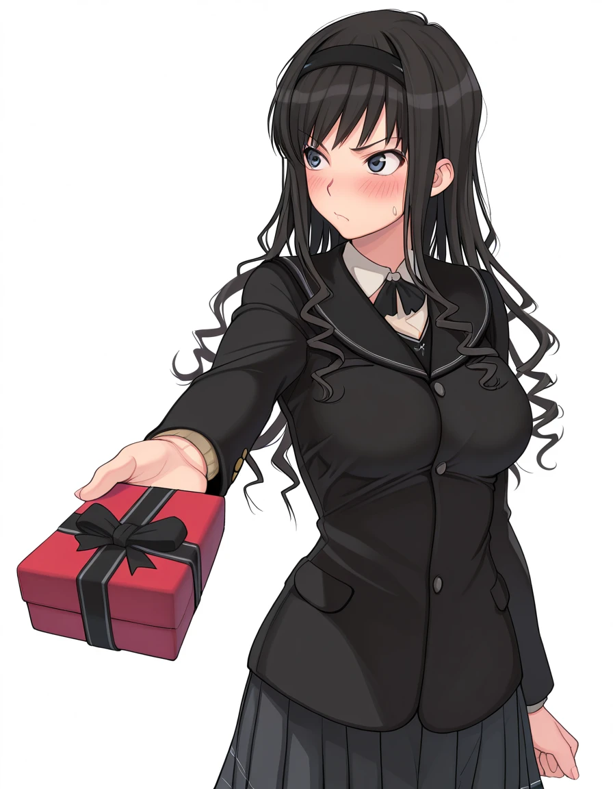 masterpiece, best quality, amazing quality,, <lora:haruka-morishima-illustriousxl-lora-nochekaiser:1>, haruka morishima, morishima haruka, long hair, black hair, hairband, black hairband, mature female, breasts,, <lora:tsundere-illustriousxl-lora-nochekaiser:1>, tsundere, incoming gift, blush, gift, outstretched arm, looking away, cowboy shot, ,