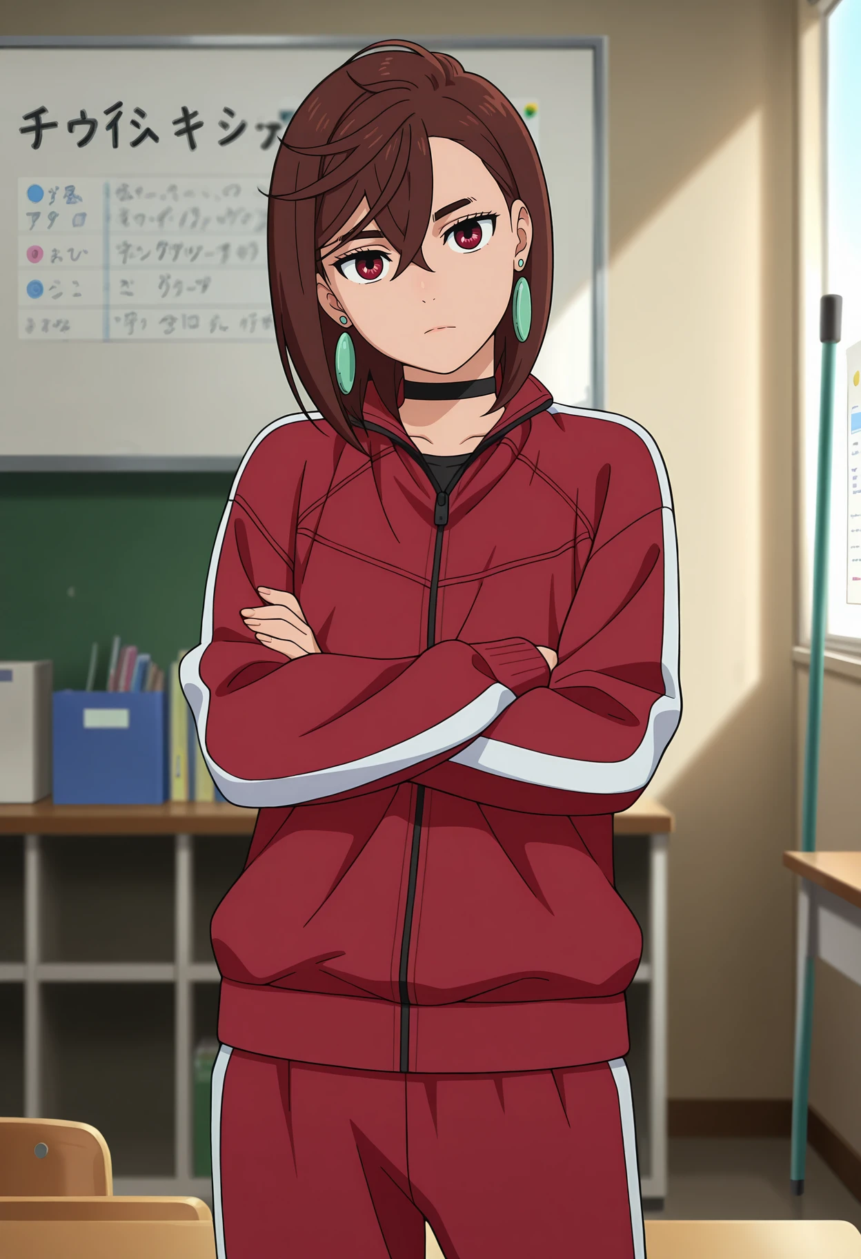 anime screencap, masterpiece, best quality,
<lora:Dandadan_AyaseMomo_IlluXL:0.9>,
1girl, solo, closed mouth, expressionless, head tilt,
asymmetrical bangs, hair between eyes, medium hair, brown hair, red eyes, earrings,
MomoTracksuit, black choker, track suit, red jacket, red pants,
crossed arms, looking at viewer, cowboy shot,
indoors, desk, whiteboard, staff room, day, photo background, blurry background