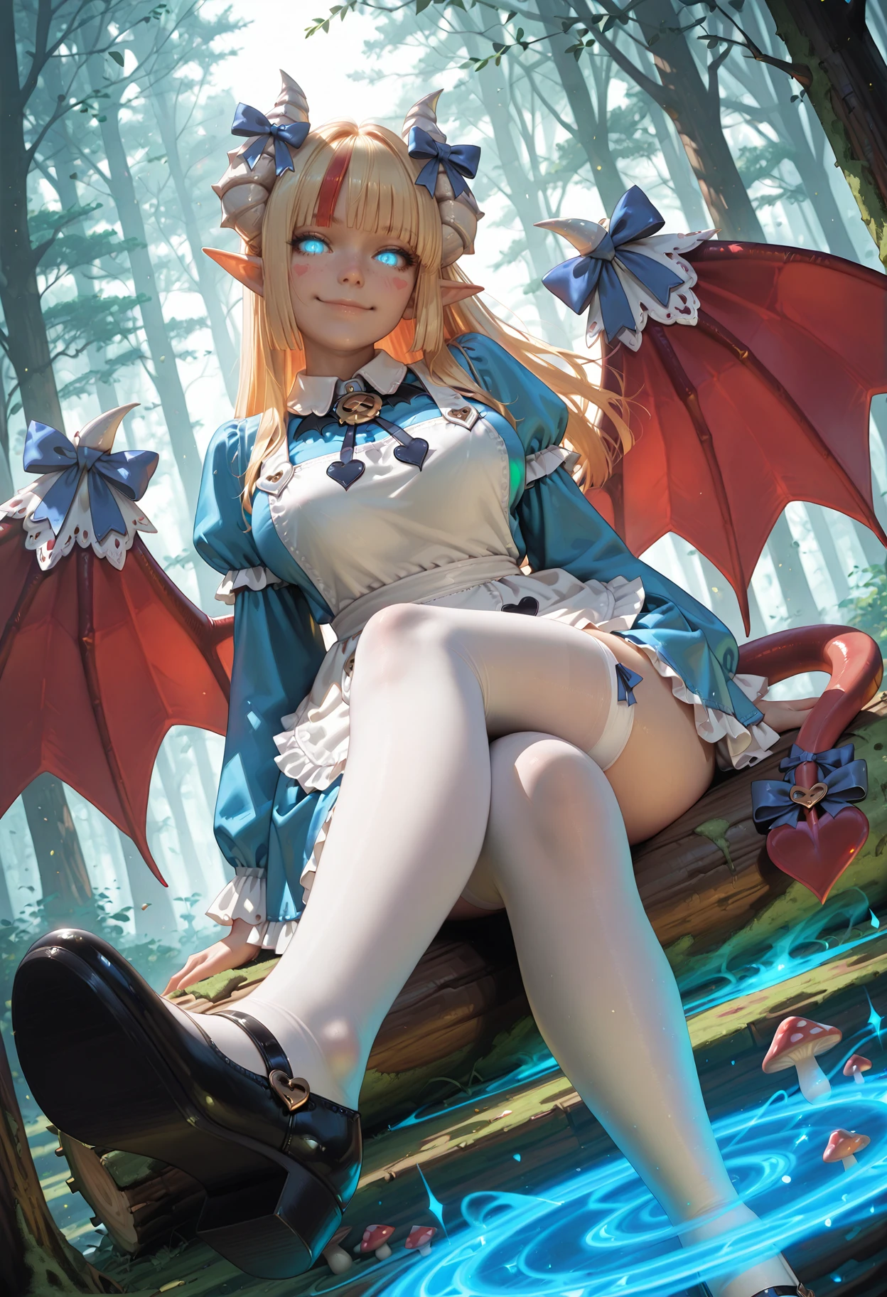 masterpiece, high quality, best quality, highres, 8k, 1girl, solo, alicemge, pointy ears, blonde hair, white horns, horn bow, tail bow, demon tail, sharp tail, red tail, wing bow, frills, tail, blue eyes, long hair, smile, demon tail, tail ornament, bangs, demon wings, blush, demon girl, blue dress, looking at viewer, black shoes, ribbon, bow, tail ribbon, apron, demon horns, detailed background, wonderland,  heart, spade (shape), hair bow, large breasts, bat bowtie, blunt bangs, sidelocks, mary janes, 
 freckles, evil smile, glowing eyes, face focus, blush stickers, depth of field, trees, magic, particles, mushrooms, rainbow, magic forest, succubus, pinup pose, sexy, sitting, close-up, enchanted, dynamic angle, dynamic pose, foreshortening, perspective, log, moss, white thighhighs, 
realistic, cinematic, dramatic lighting, newest, absurdres, highres, very aesthetic, high resolution, ultra high definition, extremely high detail, perfect composition, realistic, detailed drawing, subsurface scattering, neorealist, 
<lora:Dramatic Lighting Slider:1.6>, <lora:StS-Illustrious-Detail-Slider-v1.0:1> <lora:ponyv4_noob1_2_adamW:0.5> <lora:NeoRealist-000004:0.9>,  <lora:Alice-000007:0.9>