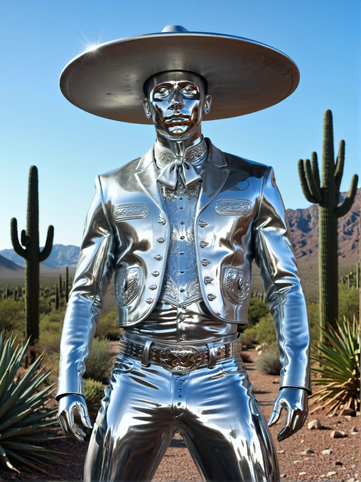 cinematic film still, full body front chest view, extremely muscular man made entirely of liquid metal, (entire body fused with a traditional charro mariachi suit made of silver liquid metal), charro jacket, charro shirt, decorative charro pants, charro belt and buckle, mariachi-style silver ascot, silver metallic charro sombrero (wide brim, upturned edges, tall rounded crown), fully reflective, no fabric or skin visible, solid smooth silver texture across all surfaces, (liquid metal charro jacket:1.5), opened charro jacket, silver liquid metal face and eyes, symmetrical, sculpted, shiny reflective chest and arms, realistic metallic groin bulge and belt buckle, hyper detailed desert landscape with cactus, blue sky, no clouds, high detail, raytracing, cinematic lighting, Mexican desert, liquid metal belt and buckle fused to torso,  silver eyes with no pupils, no sclera, fully reflective face with no human skin, entire outfit and body fused into one continuous metallic structure, (liquid metal belt:1.5), (liquid metal belt buckle:1.5), curved sombrero rim,
<lora:Liquid_Metal:0.8>
<lora:Mexican_Charro__Mariachi:0.4>