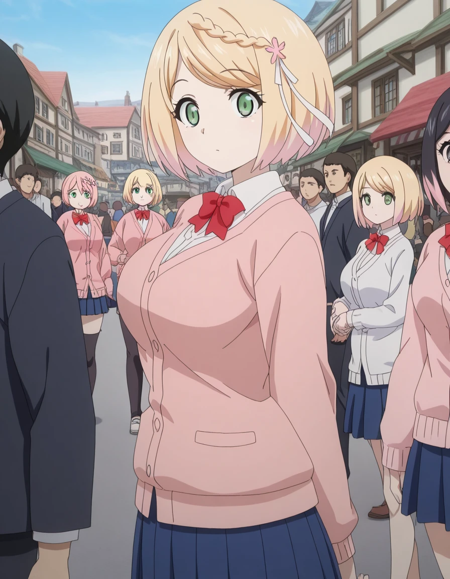 masterpiece, best quality, amazing quality,, <lora:sakura-mochida-s1-illustriousxl-lora-nochekaiser:1>, sakura mochida, short hair, blonde hair, hair ornament, green eyes, pink hair, braid, multicolored hair, hair flower, mature female, breasts, anime screencap, shirt, skirt, long sleeves, bow, white shirt, pleated skirt, collared shirt, bowtie, red bow, blue skirt, cardigan, red bowtie, pink cardigan, from side, town, small, streets, community, people, cowboy shot, solo, looking at viewer,