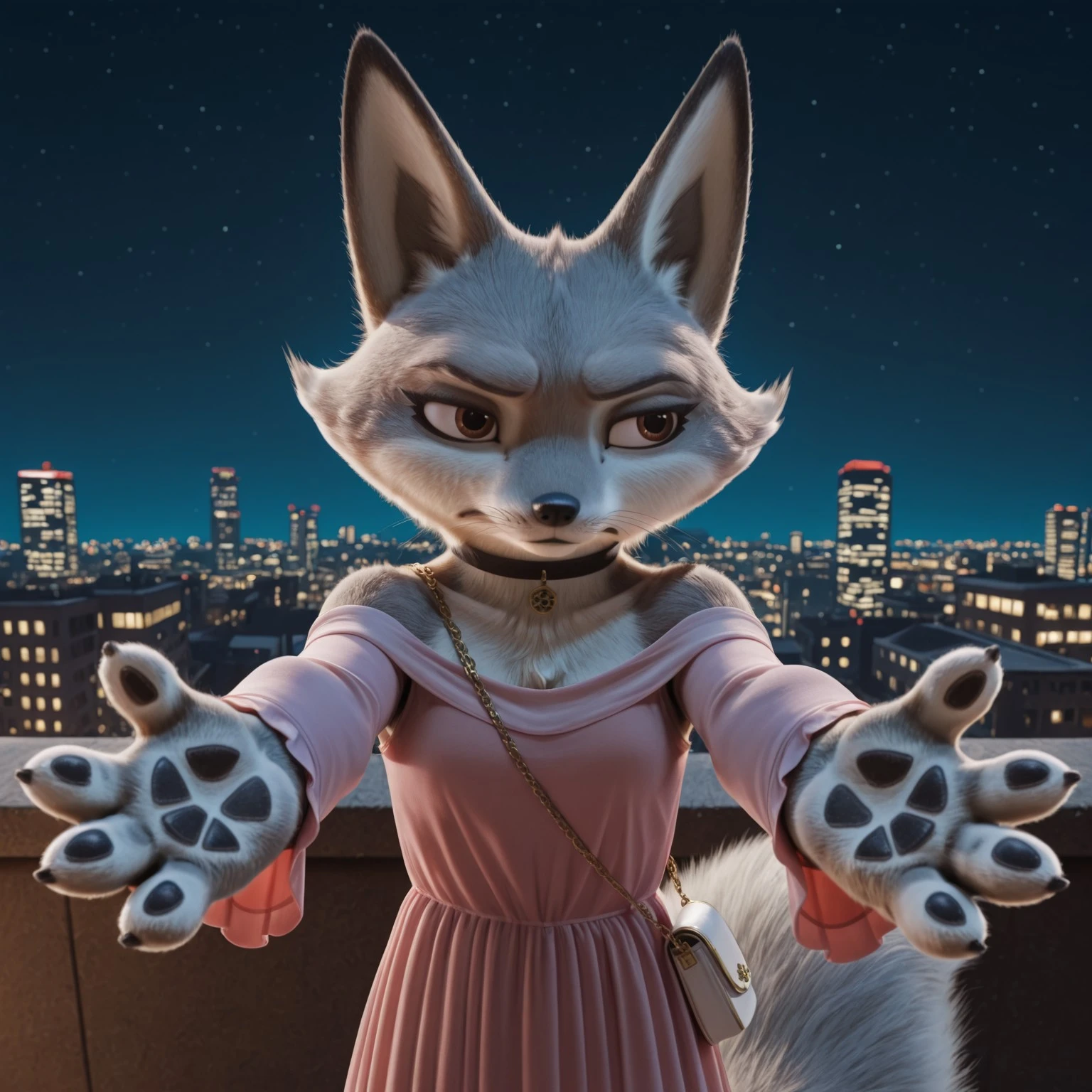8k, masterpiece, best quality, highly detailed, realistic, 1girl, solo, ZhenKFP, furry female, anthro, fox, cheek tuft, brown eyebrows, brown eyes, black pupils, black nose, whiskers, grey body, grey fur, white body, white fur, two tone body, two tone fur, fluffy tail, (pink dress, long dress, sparkling dress, white shoulder purse), annoyed, blushing, (looking away, head turned sideways), standing, outdoors, night sky, city, detailed background, closed mouth, (4 fingers, black claws, paw pads), front view, portrait, bare shoulders, black choker, upper body, <lora:incoming-hug-illustriousxl-lora-nochekaiser:1>, incoming hug, reaching, reaching towards viewer, outstretched arms