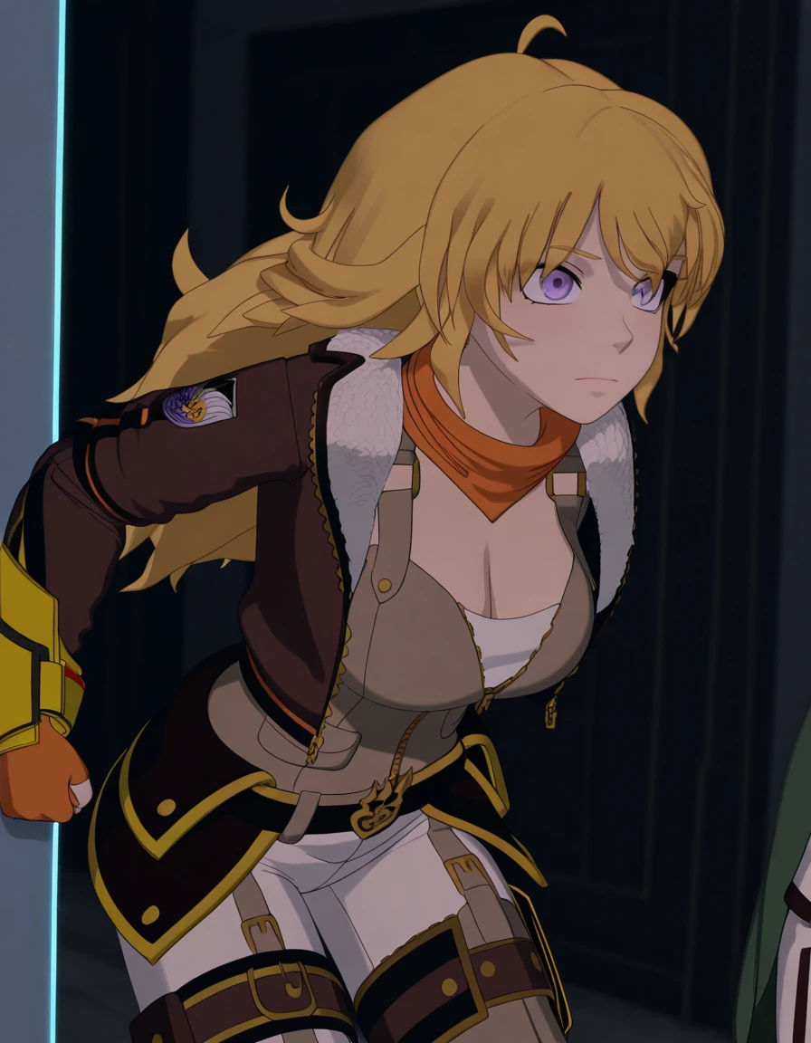 masterpiece, best quality, amazing quality,, <lora:yang-xiao-long-vol7-illustriousxl-lora-nochekaiser:1>, yang xiao long, long hair, blonde hair, purple eyes, ahoge, mature female, breasts, 3d, <lora:paradis-military-uniform-illustriousxl-lora-nochekaiser:1>, paradis military uniform, belt, cloack, cropped jacket, emblem, green cloak, jacket, long sleeves, pants, shirt, thigh strap, uniform, white pants, white shirt, brown jacket,, leaning forward,, ,