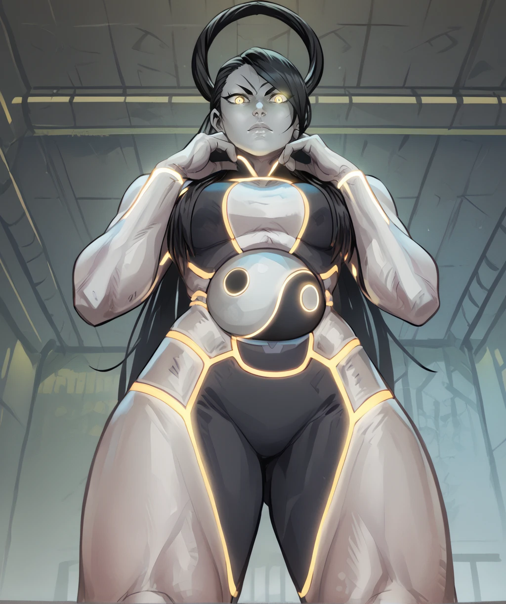 score_9, score_8_up, score_7_up, score_6_up, score_5_up, score_4_up,
fsethxl, black hair, hair ring, yellow eyes, glowing eyes,
neon trim, colored skin, serious,
hips, standing, from below,
looking at viewer, white energy,
indoors, shadows,
<lora:FSethXL:1>,