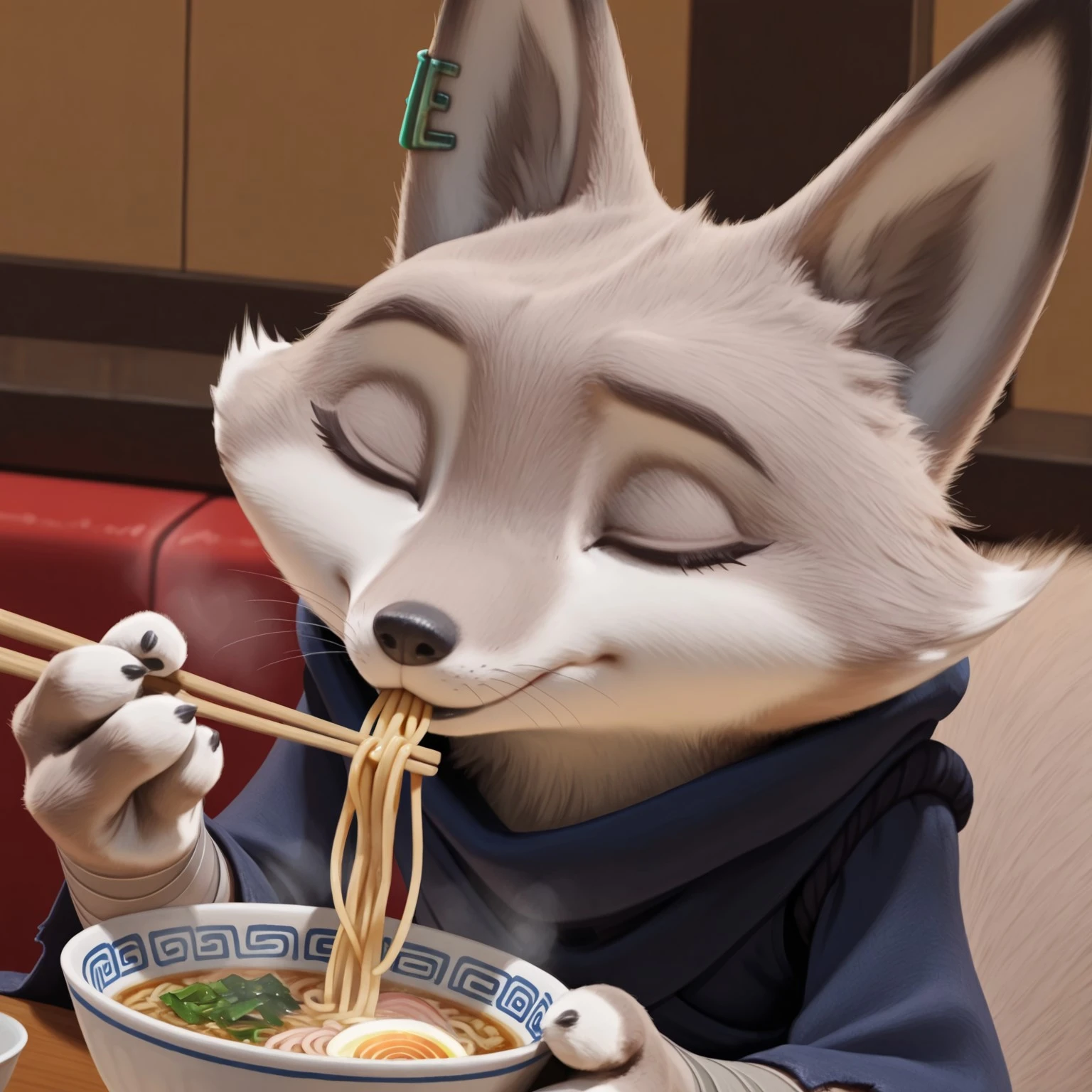 uncensored, masterpiece, best quality, highly detailed, realistic, 1girl, solo, ZhenKFP, furry female, anthro, fox, green ear piercing, cheek tuft, brown eyebrows, eyes closed, black nose, whiskers, grey body, grey fur, white body, white fur, two tone body, two tone fur, fluffy tail, blue tunic, grey bandages, torn clothes, sitting, ramen shop, eating ramen, steam from ramen bowl, indoors, chopsticks, holding chopsticks, using chopsticks to eat noodles, detailed background, front view, 4 fingers, black claws, front view, close-up, face focus, happy, slurping noodles, puckered lips, black lips