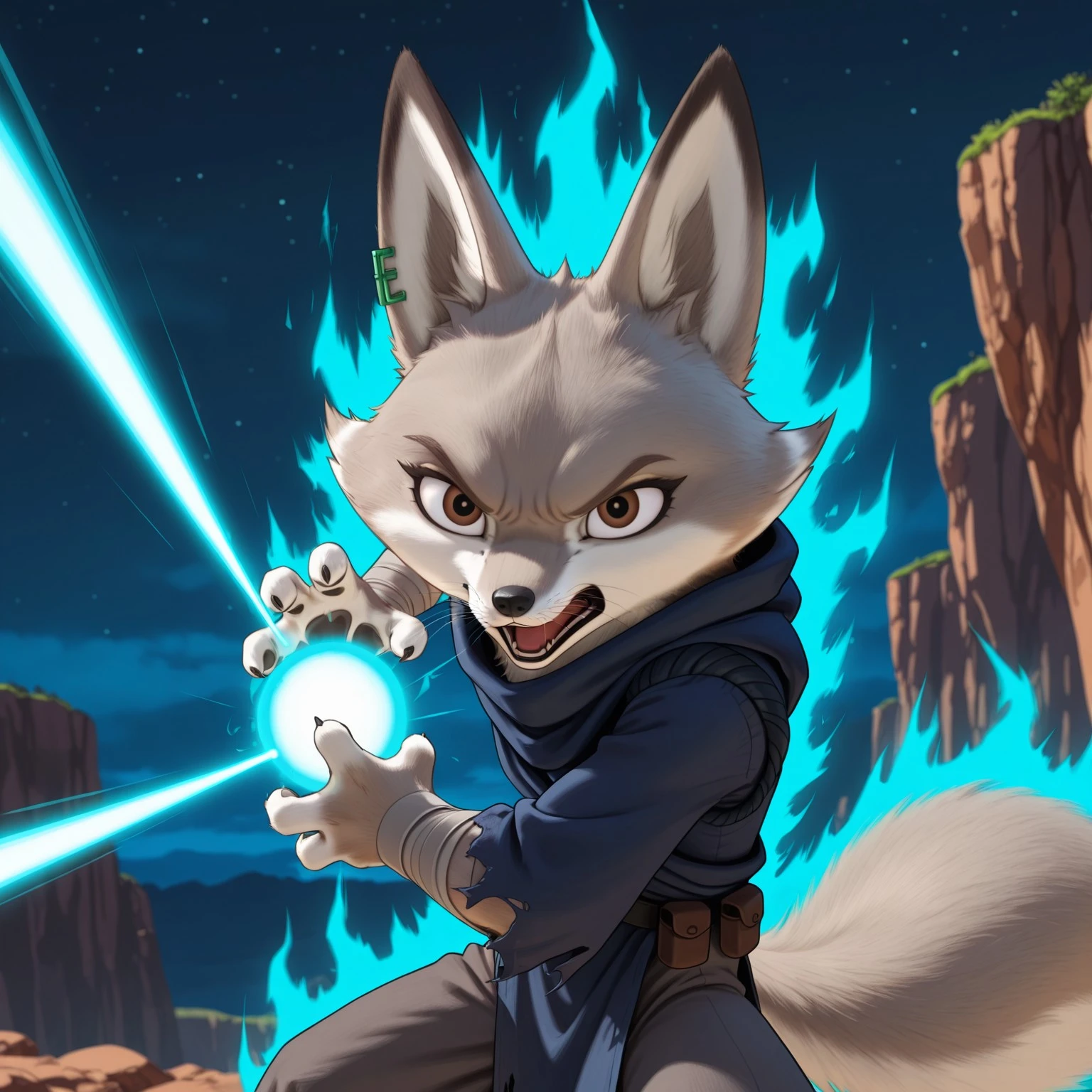8k, uncensored, masterpiece, best quality, highly detailed, 1girl, solo, ZhenKFP, furry female, anthro, fox, green ear piercing, cheek tuft, brown eyebrows, brown eyes, black pupils, black nose, whiskers, grey body, grey fur, white body, white fur, two tone body, two tone fur, fluffy tail, blue tunic, grey bandages, torn clothes, grey trousers, baggy trousers, black utility belt, black claws, upper body, open mouth, teeth, angry, (looking at viewer, standing, cliff, gravel, night sky, night sky, detailed background, front view, ((4 fingers, kamehameha, energy ball, aura, glowing energy, energy beams)), (front view), wide eyes