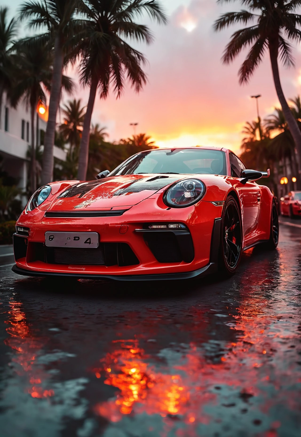 Instagram filter, close-up shot rear side view of a 2024 Porsche 911-992 GT3RS in Miami streets at sunset with palm trees in the background, wet ground with water reflections, gradient pink and orange and red color tone, high saturations, highly detailed, ultra-high resolutions, 32K UHD, best quality, masterpiece