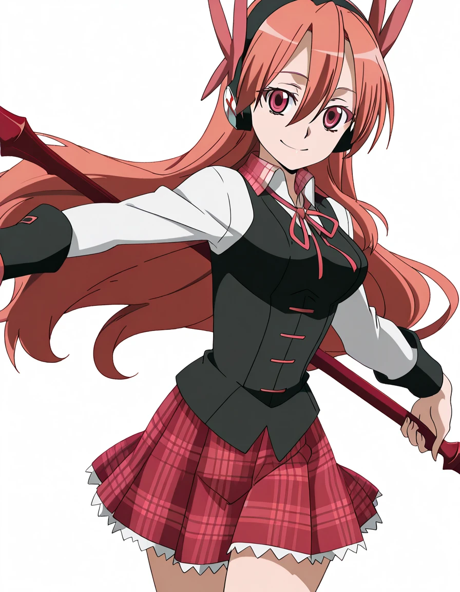 masterpiece, best quality, amazing quality,, <lora:agk-chelsea-s1-illustriousxl-lora-nochekaiser:1>, chelsea, chelsea (akame ga kill!), pink eyes, hair between eyes, long hair, pink hair, straight hair, mature female, medium breasts, anime screencap, collared shirt, diagonal stripes, dress shirt, hair ornament, headphones, long sleeves, neck ribbon, plaid, plaid skirt, pleated skirt, red ribbon, red skirt, ribbon, shirt, skirt, striped, vest, white shirt, wing collar,, <lora:dynamic-pose-illustriousxl-lora-nochekaiser:1>, dynamic pose, holding weapon, weapon, polearm, holding polearm, holding, cowboy shot, restaurant, laughter, good food, warm lighting, celebration, cowboy shot, solo, looking at viewer, <lora:transparent-background-illustriousxl-lora-nochekaiser:1>, transparent background, simple background, white background