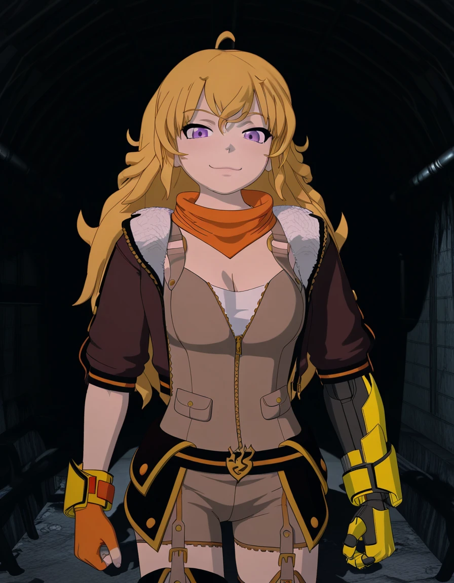 masterpiece, best quality, amazing quality,, <lora:yang-xiao-long-vol7-illustriousxl-lora-nochekaiser:1>, yang xiao long, long hair, blonde hair, purple eyes, ahoge, mature female, breasts, 3d, gloves, thighhighs, cleavage, jacket, fingerless gloves, scarf, brown jacket, prosthesis, prosthetic arm, smug, bunker, underground, secure, concrete, dark, cowboy shot, solo, looking at viewer,