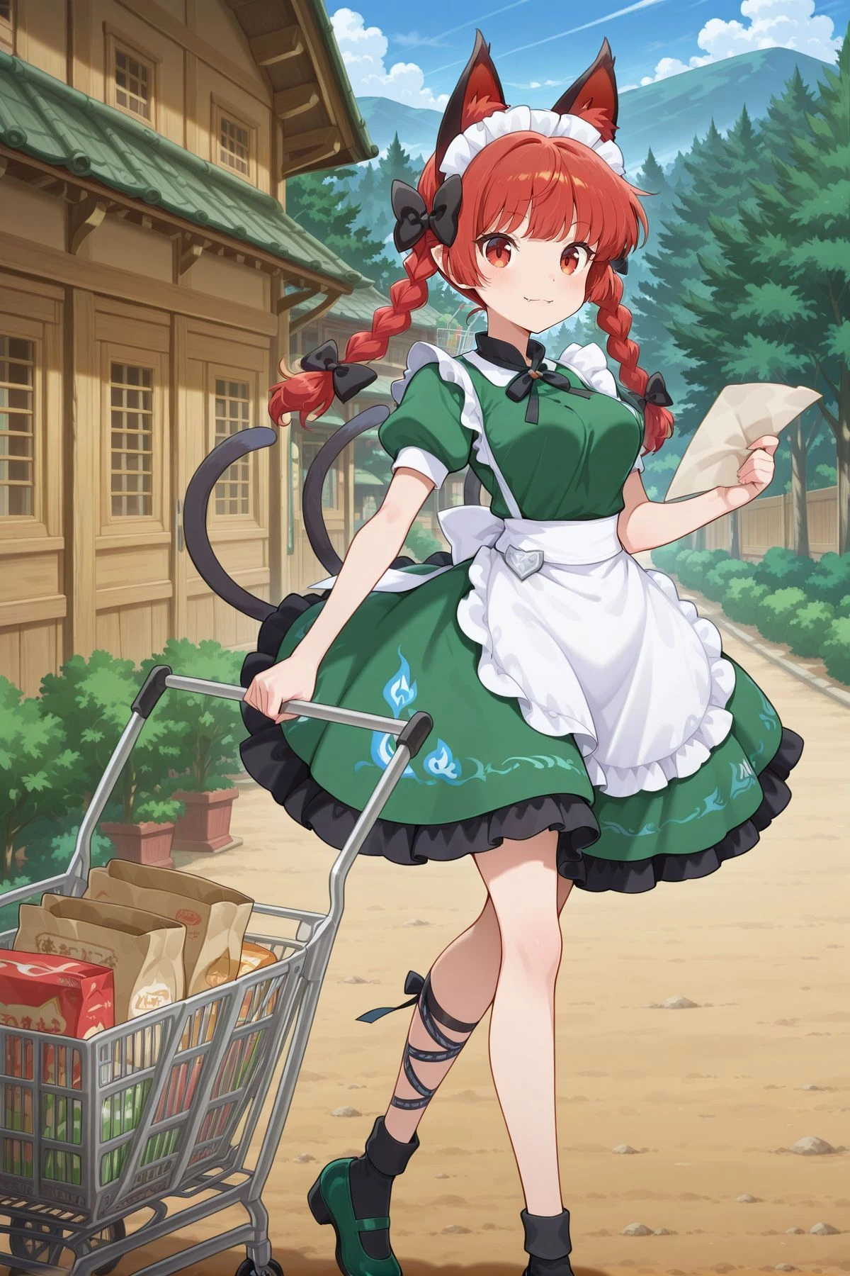 absurdres, highres, masterpiece, best quality, amazing quality, official anime artwork, screencap, anime screencap, oudoors, village, looking at viewer, light smile, dynamic pose,
<lora:Rin-Kaenbyou_IllustriousV2:1> kaenbyou rin, 1girl, solo, red eyes, red hair, twin braids, fangs, cat ears, cat tail, two tails, medium breasts,, kaenbyou rin \(palace of the earth spirits' pawsome helper\), alternate costume, maid headdress, hair bow, black bow, black neck ribbon, green dress, puffy short sleeves, maid apron, frilled apron, waist apron, white apron, back bow, white bow, leg ribbon, black socks, green footwear, silver ornament, waist brooch, holding paper, shopping cart,
