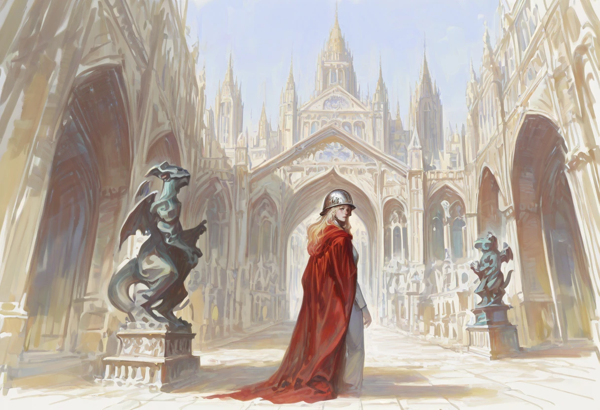 1girl, blonde hair, long hair, blue eyes, helmet, white suit, red cape, standing, looking back, outdoors, cathedral building, sky, entrance, gargoyle statue, solo, from behind, from side,
, <lora:sabu_sabudenegoIL:0.8>, best quality, absurdres, realistic, sketch, flat colors, flat color