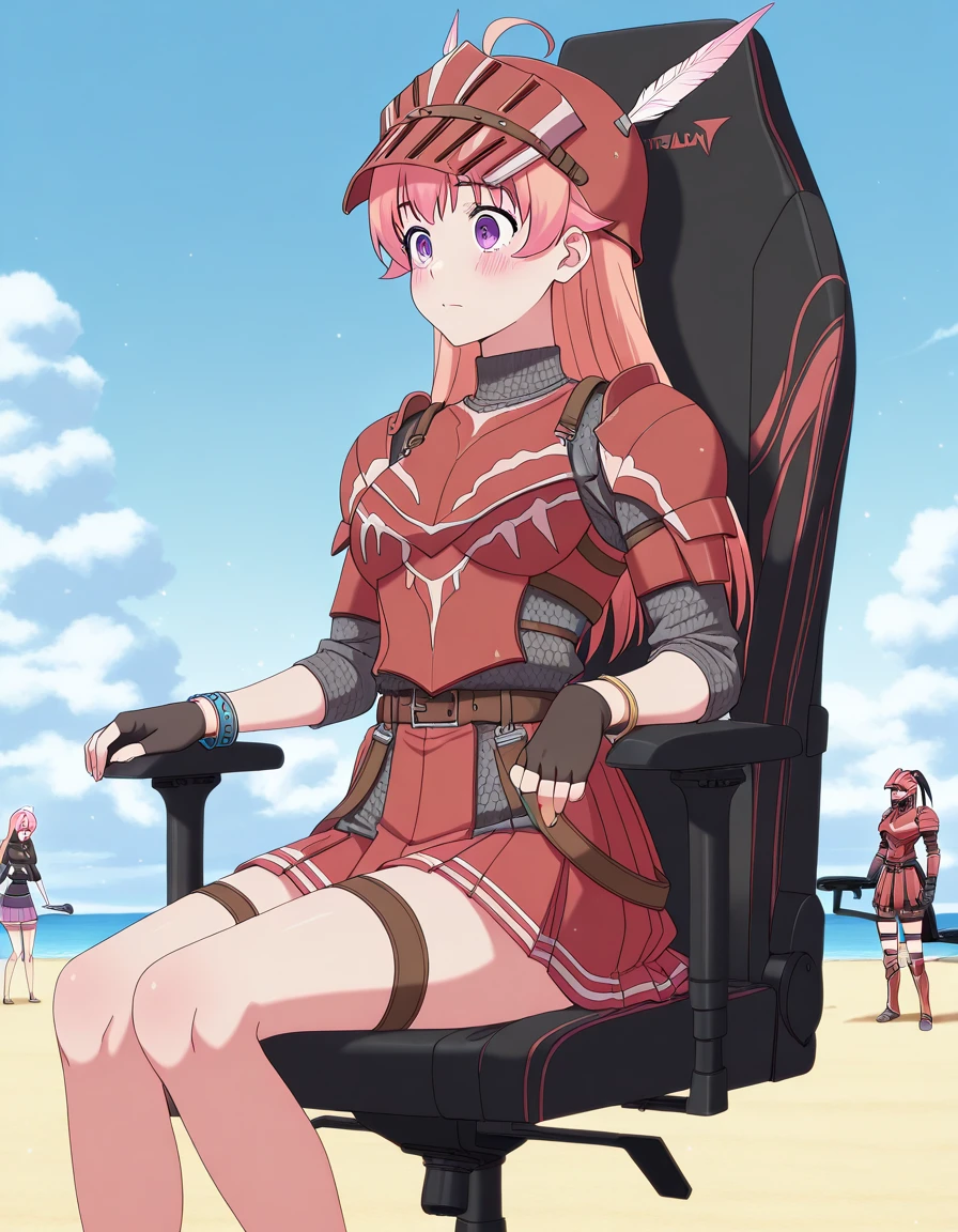 masterpiece, best quality, amazing quality,, <lora:nico-wakatsuki-s1-illustriousxl-lora-nochekaiser:1>, nico wakatsuki, long hair, purple eyes, pink hair, ahoge, mature female, medium breasts, anime screencap, <lora:hermitaur-armor-illustriousxl-lora-nochekaiser:1>, hermitaur armor, armor, red armor, asymmetrical clothes, belt, blush, bracelet, fingerless gloves, gloves, feathers, hair ornament, hat, helmet, hermitaur (armor), jewelry, skirt, striped, thigh strap, thighs, turtleneck, beach, sitting, headgear,, <lora:secretlab-chair-illustriousxl-lora-nochekaiser:1>, secretlab chair, chair, office chair, gaming chair, sitting, feet out of frame,, ,