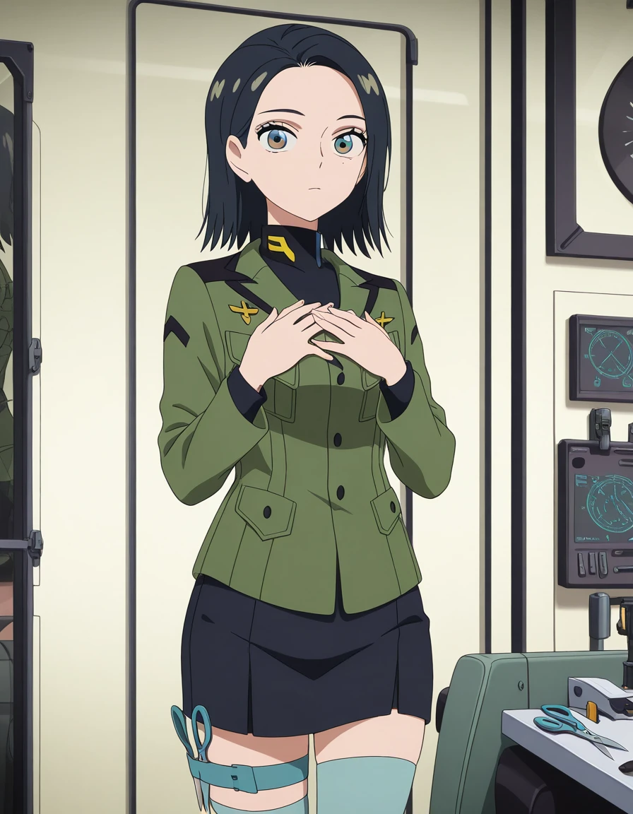 masterpiece, best quality, amazing quality,, <lora:comoli-harcourt-s1-illustriousxl-lora-nochekaiser:1>, comoli harcourt, short hair, black hair, brown eyes, medium hair, hair behind ear, mature female, small breasts, anime screencap, skirt, long sleeves, thighhighs, jacket, shorts, black skirt, uniform, thigh strap, military, military uniform, green jacket, hands on own chest,, salon, chairs, mirrors, scissors, beauty, cowboy shot, solo, looking at viewer,