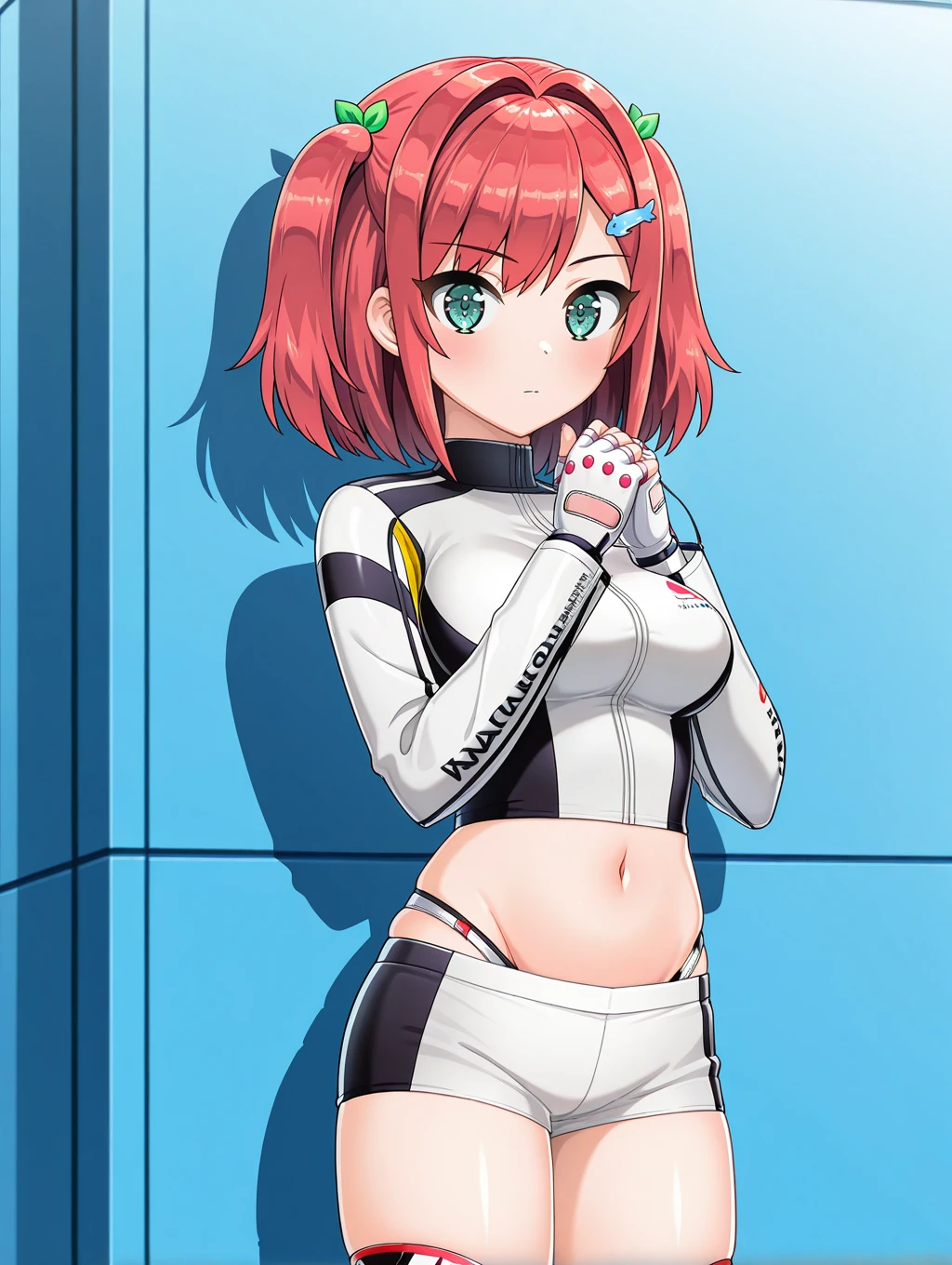 1girl, aikawa aika, ace suit, solo, elbow gloves, thighhighs, looking at viewer, bare shoulders, standing, open mouth, full body, smile, standing on one leg, blush, thigh boots, short hair, pink hair, purple eyes, eyebrows visible through hair, pink legwear, small breasts, crown braid, leg up, black gloves, blunt bangs, :d, pink background, flat chest, covered navel, red legwear, brown hair, faulds, halterneck, hand up, black leotard, pink eyes, sidelocks, simple background, armor, medium hair, from side, black footwear, tiptoes, hand on own chest, gradient background, turtleneck, high heel boots, leg lift, white background, pink collar, masterpiece, best quality <lora:aikawa_aika_sdxl_locon_v1:0.7>