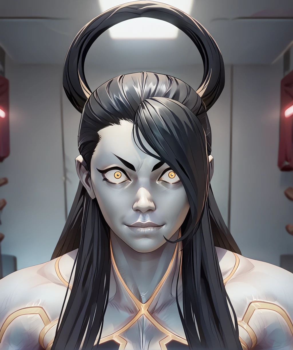 score_9, score_8_up, score_7_up, score_6_up, score_5_up, score_4_up,
fsethxl, black hair, hair ring, yellow eyes, crazy eyes,
neon trim, colored skin,
standing, upper body,
looking at viewer,
indoors, training stage, white walls,
<lora:FSethXL:1>,