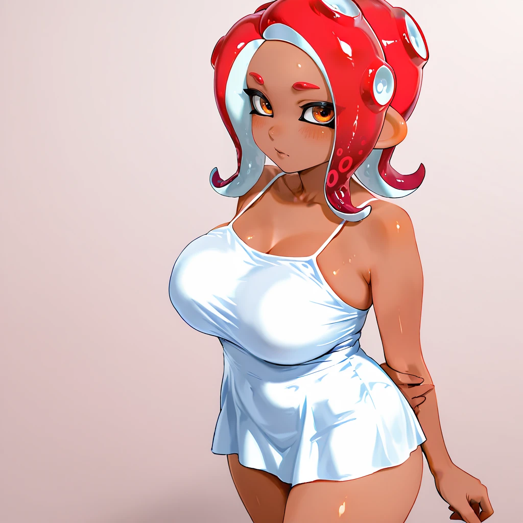 <lora:Agent8_illustrious_v1:1>Agent8Thick, 1girl, octoling girl,  tentacle hair, large breasts,  octarian, squidbeak splatoon, red hair,  dark-skinned female, dark skin,medium hair, orange eyes, cowboy shot,  <lora:Sexy_simple_dress:0.81> sesidr, short dress, spaghetti strap