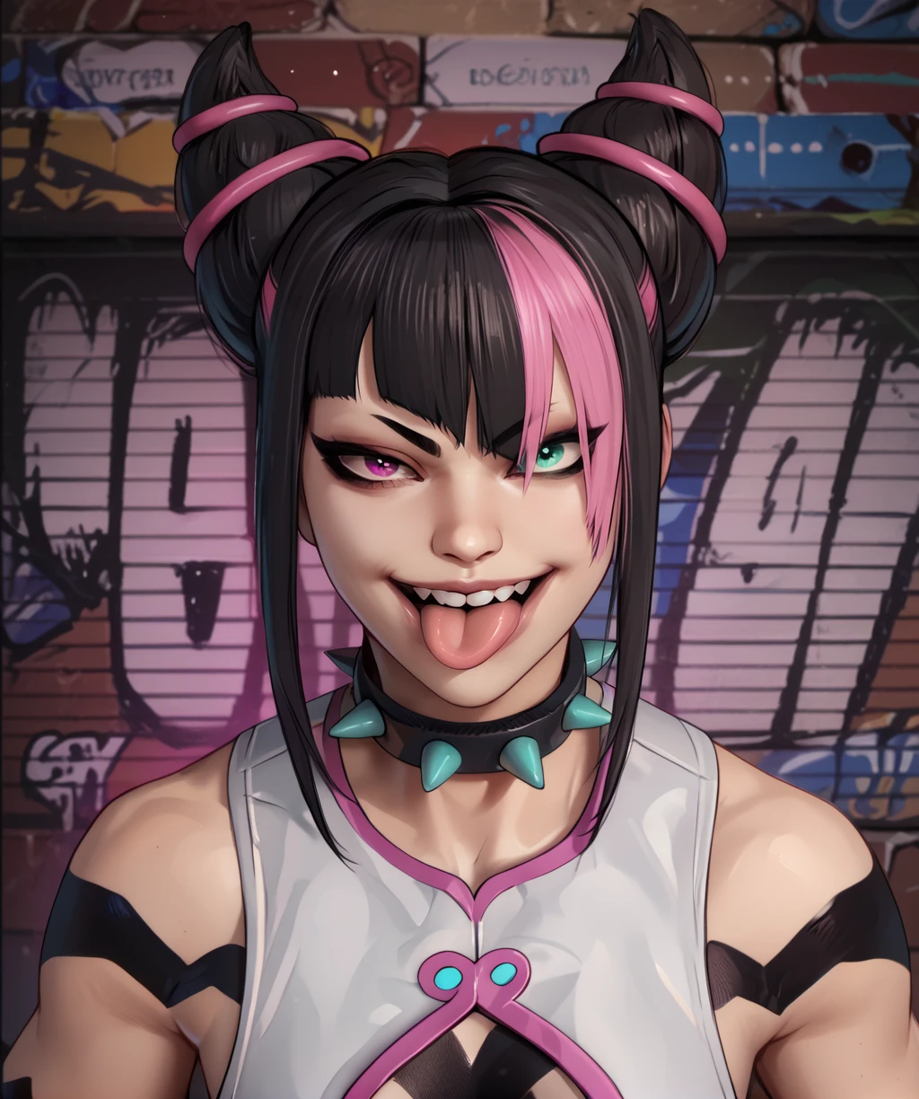 score_9, score_8_up, score_7_up, score_6_up, score_5_up, score_4_up, 
jurisf6xl, two-tone hair, black hair horns, purple eye, aqua eye, heterochromia, 
spiked collar, white vest, tongue out, upper teeth only, smug, long tongue, 
upper body, 
looking at viewer, standing, 
urban, graffiti, blue lighting, pink lighting, wall, night, 
<lora:JuriSF6xl:1>,