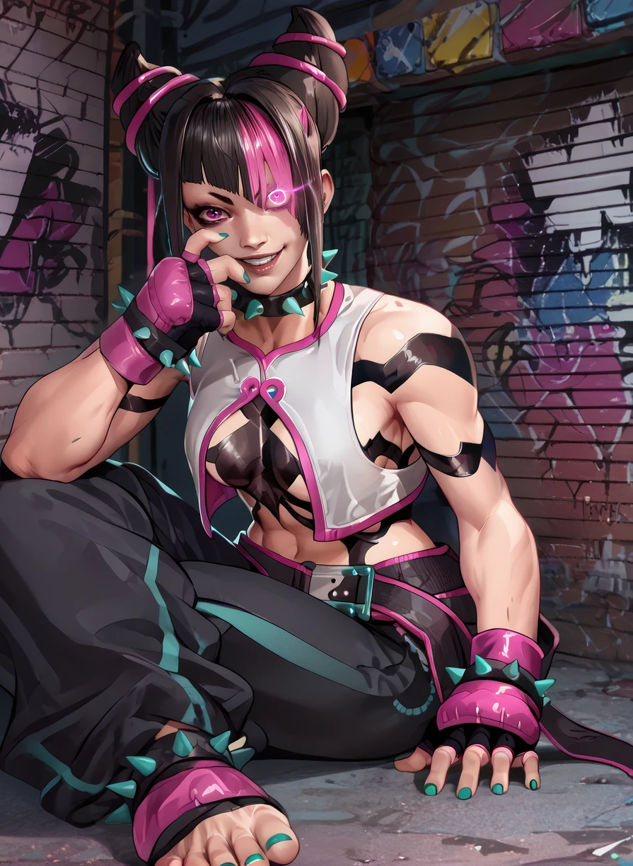 score_9, score_8_up, score_7_up, score_6_up, score_5_up, score_4_up, 
jurisf6xl, two-tone hair, black hair horns, purple eyes, heterochromia, 
spiked collar, white vest, fingerless gloves, blue nails, belt, evil smile, single glowing eye, 
standing, pants, 
looking at viewer, sitting, feet,
urban, graffiti, blue lighting, pink lighting, wall, night, 
<lora:JuriSF6xl:1>,