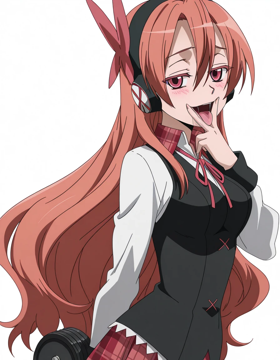 masterpiece, best quality, amazing quality,, <lora:agk-chelsea-s1-illustriousxl-lora-nochekaiser:1>, chelsea, chelsea (akame ga kill!), pink eyes, hair between eyes, long hair, pink hair, straight hair, mature female, medium breasts, anime screencap, collared shirt, diagonal stripes, dress shirt, hair ornament, headphones, long sleeves, neck ribbon, plaid, plaid skirt, pleated skirt, red ribbon, red skirt, ribbon, shirt, skirt, striped, vest, white shirt, wing collar,, <lora:cunnilingus-gesture-illustriousxl-lora-nochekaiser:1>, cunnilingus gesture, v over mouth, tongue out, tongue, v, saliva, blush, from side, looking at viewer, torogao, half-closed eyes, upper body, gym, weights, treadmill, mirrors, exercise, cowboy shot, solo, looking at viewer, <lora:transparent-background-illustriousxl-lora-nochekaiser:1>, transparent background, simple background, white background