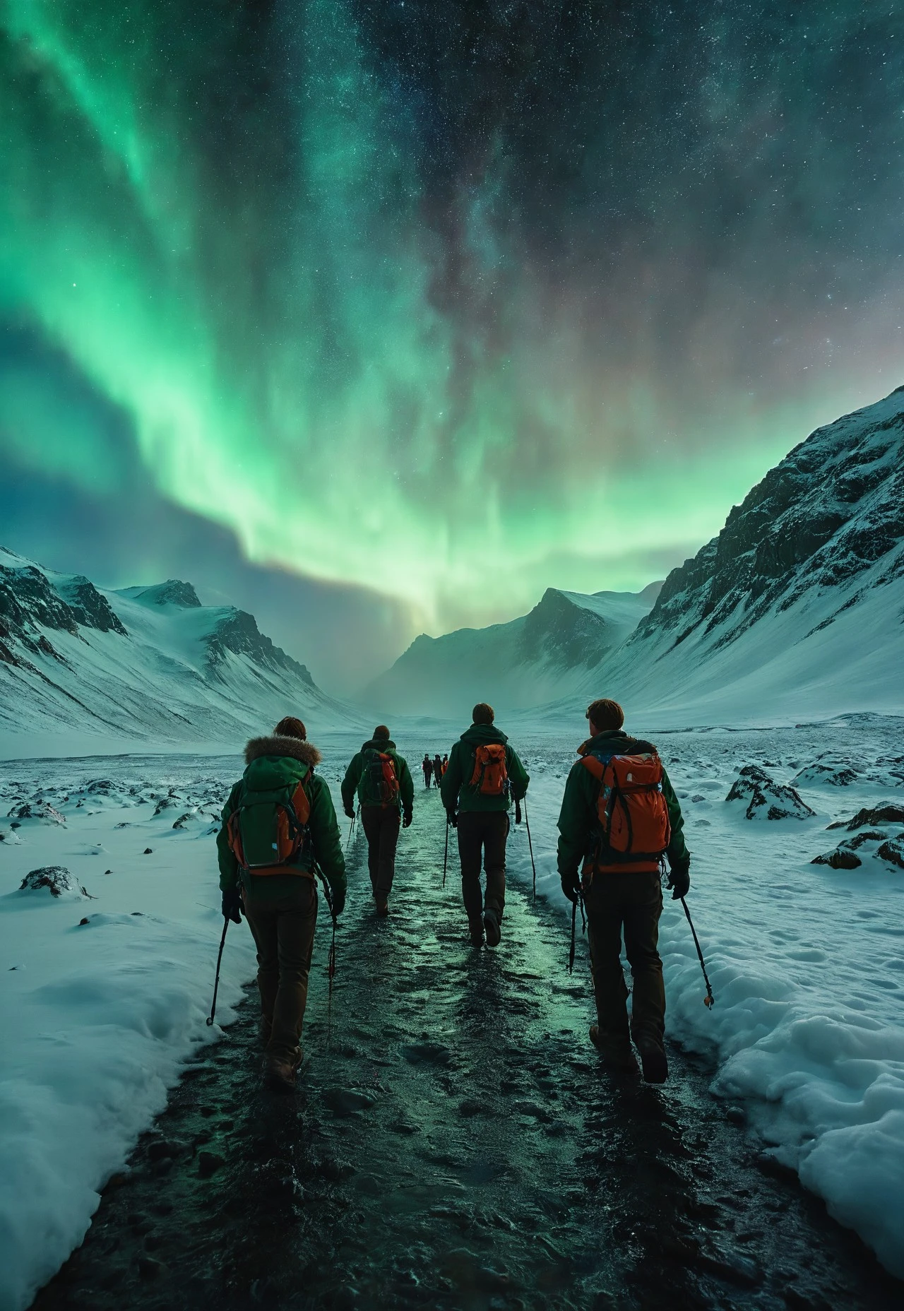 Award-winning photography, back view low angle shot of a group explorers with down jacket walking in the snow in the Iceland at night with aurora and beautiful milky way in the sky, starry sky, gradient light green and mint color tone, highly detailed, ultra-high resolutions, 32K UHD, best quality, masterpiece