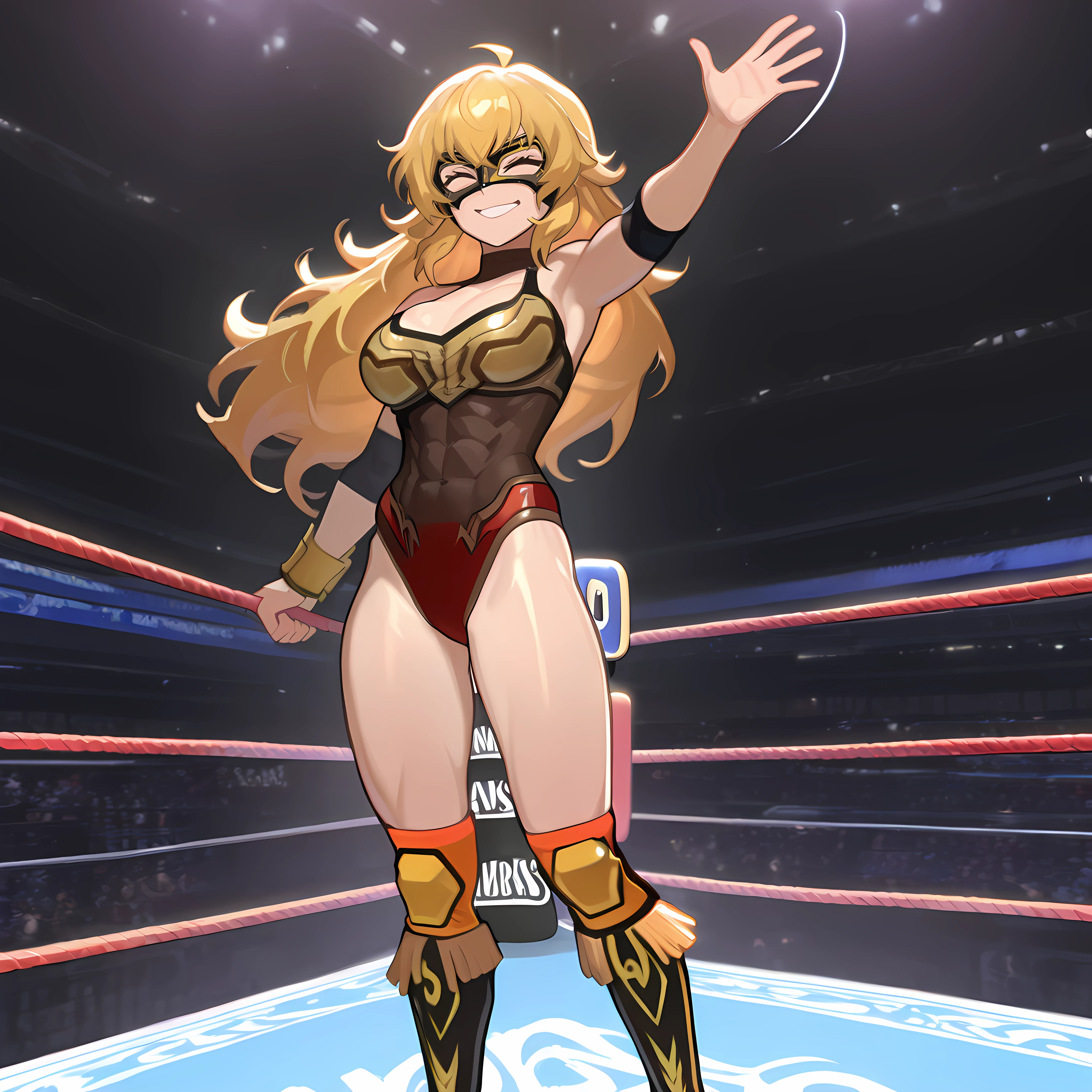 Super muscular woman, adorned in a mini bikini that barely contained her massive muscles, stood ready for a fight. Her long, loose flowing hair cascaded down her back, shimmering gold under the spotlight. The minute bikini left little to the imagination, its bright colors contrasting sharply against her colossal form. Her giant muscles rippled with potential energy, a testament to years of rigorous training. The setting was a stadium, filled with the hushed anticipation of the crowd, waiting for the fight to begin. The woman's eyes narrowed, focused, and a determined smile curled at the corners of her lips. The fight was about to begin.
